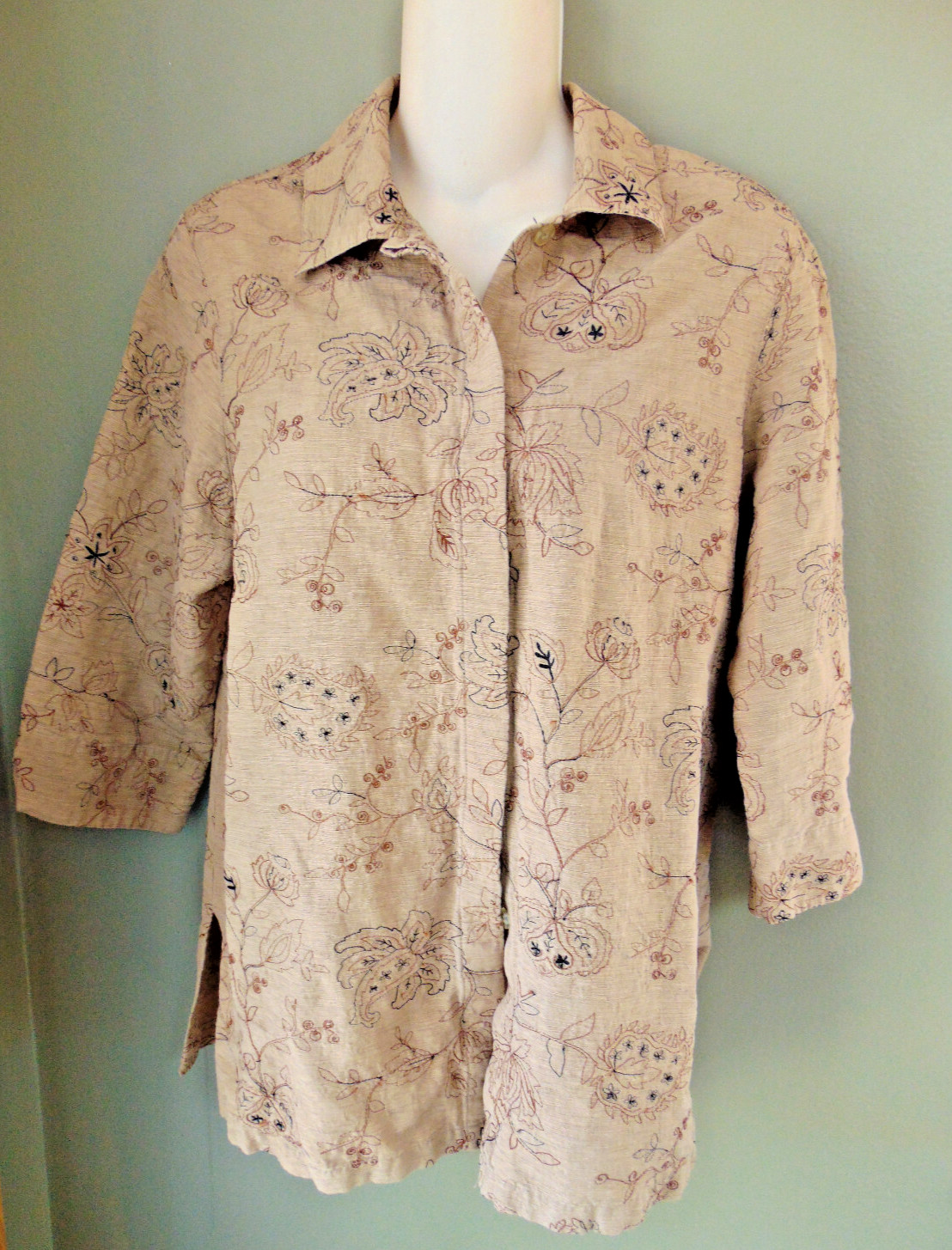 Womens Tan Floral Silk & Linen Button Front Blouse Top 3/4 Sleeves Small