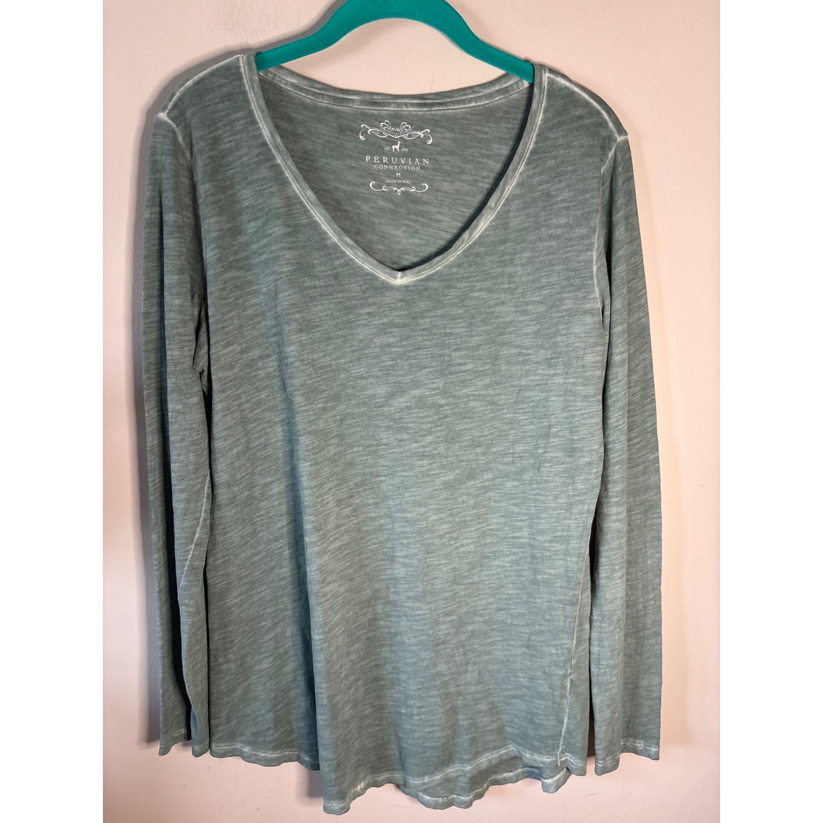 Peruvian Connection Womens Sage Green Slub Cotton V-Neck Long Sleeve Tee Medium