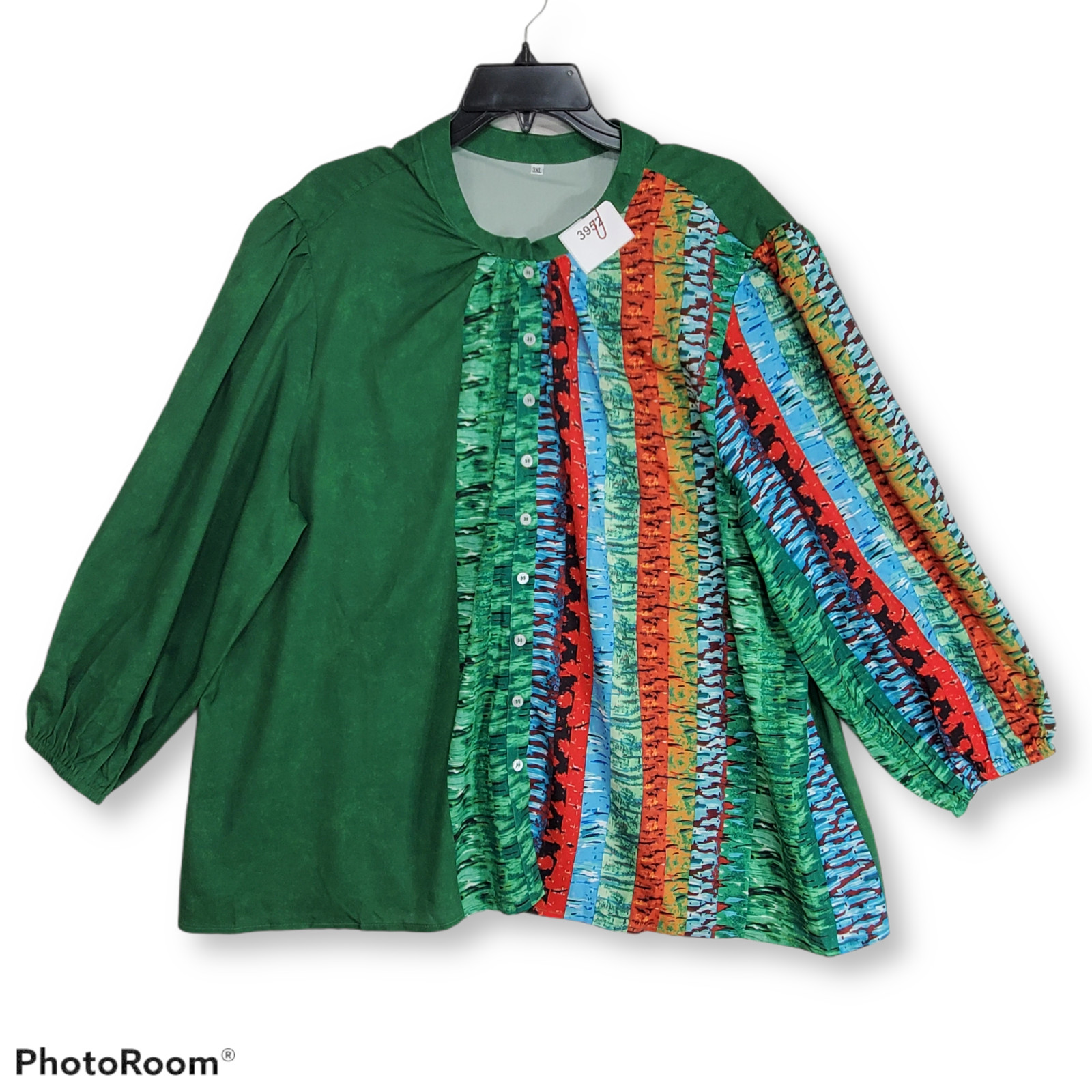 Swing Top Womens 3X Green Red Blue Colorblock Stripes Button-Up Long Sleeve