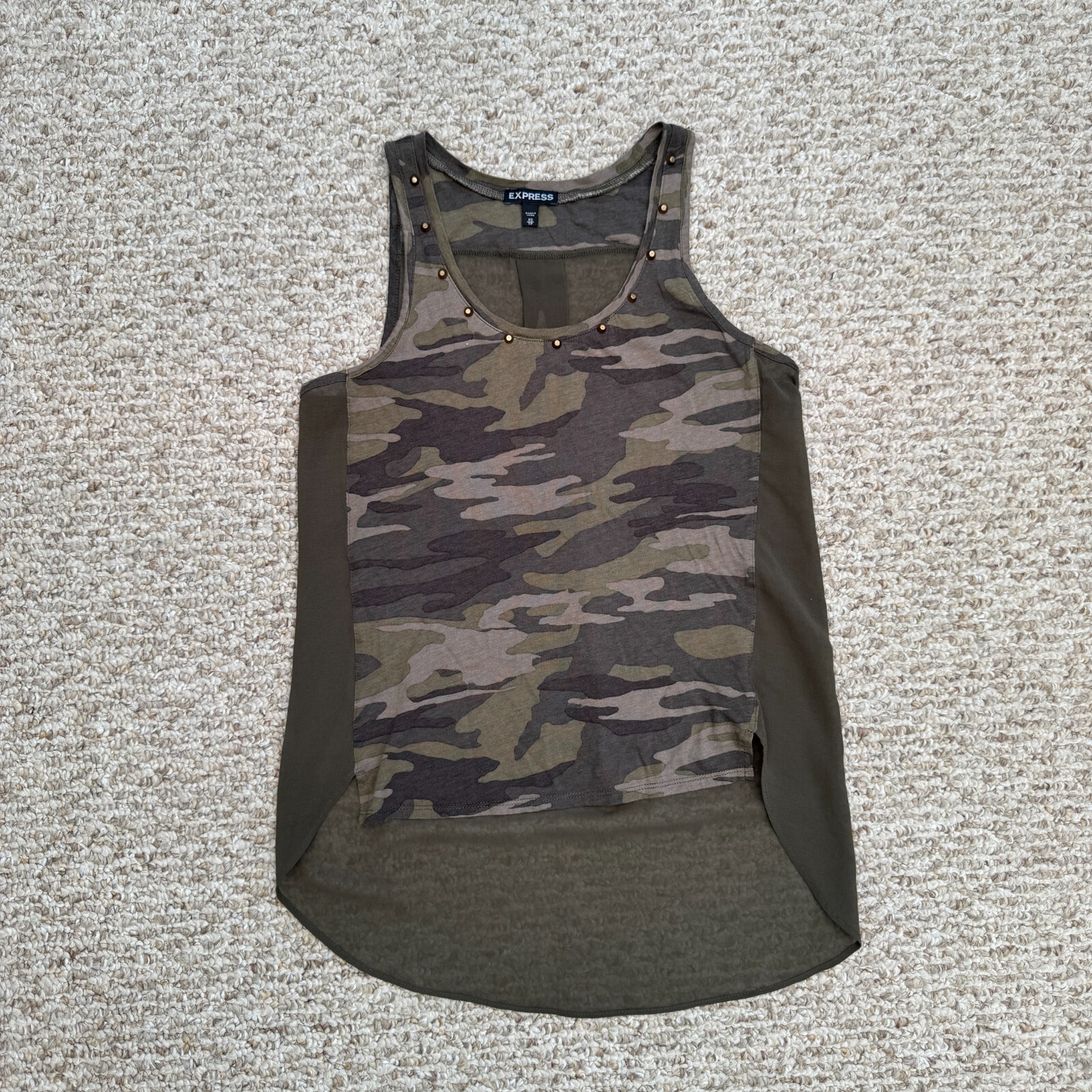 Express sleeveless top army Green sheer-back Olive Green XS Studded Camouflage