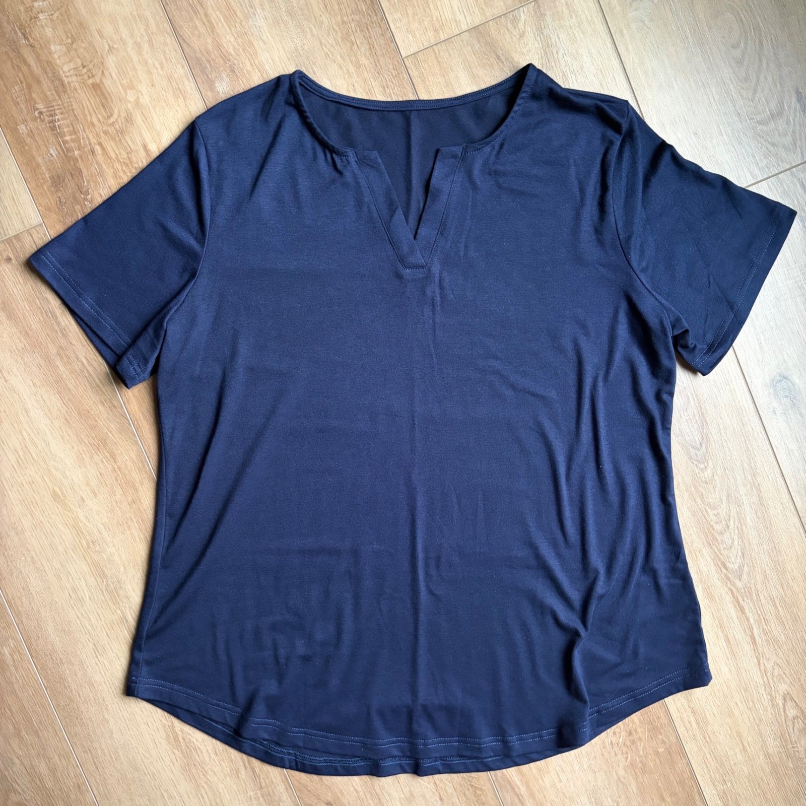 LOMON Size L Navy Blue Notch V-Neck Short Sleeve Tee T-Shirt Top