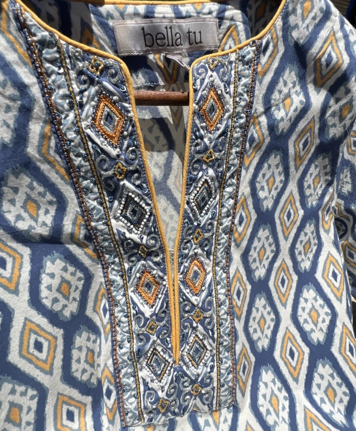 $228 Bella Tu Quinn Ikat Printed Tunic Blouse Top Blue White Size S New