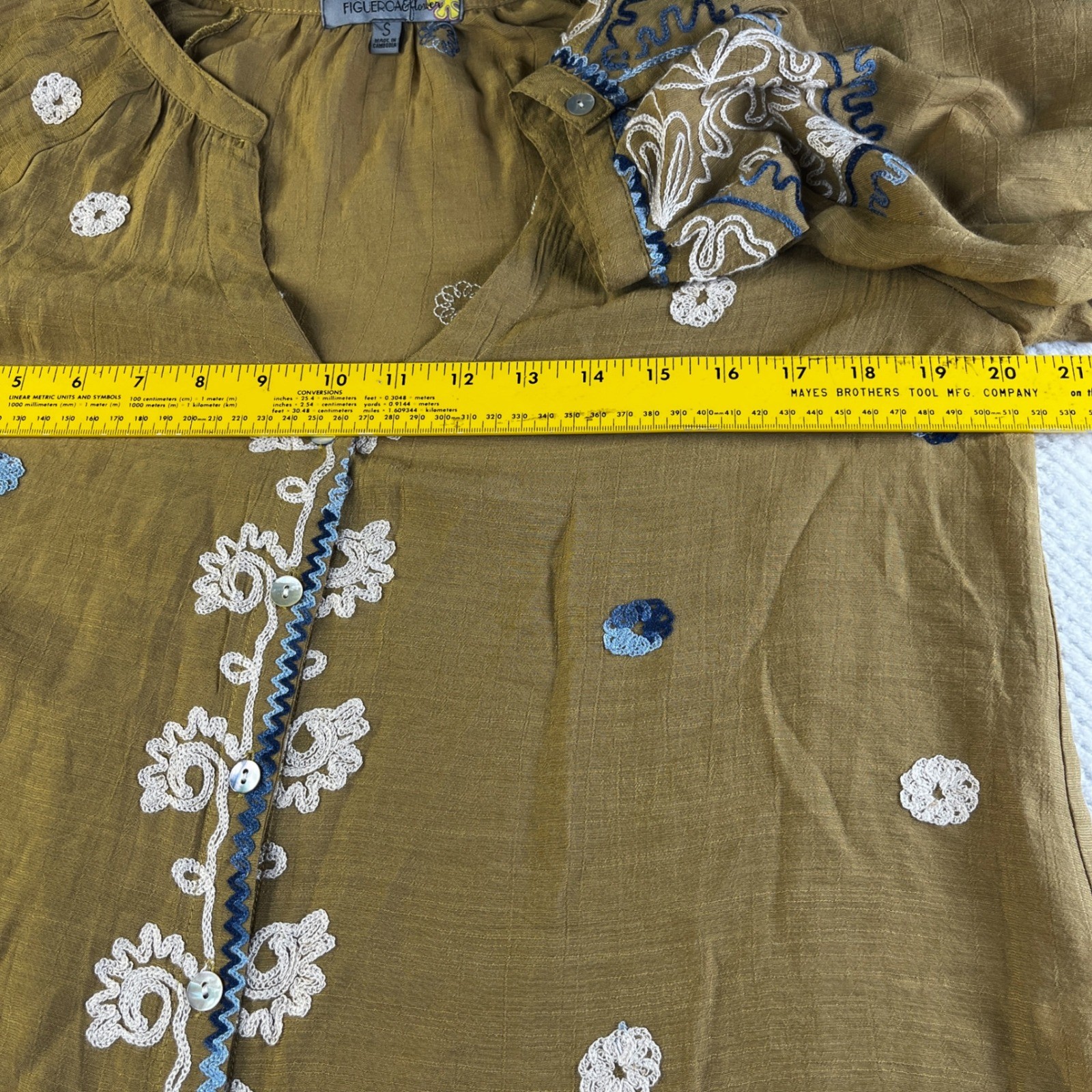 Figueroa & Flower Mustard Yellow Embroidered Boho Blouse KAY114E30 Small