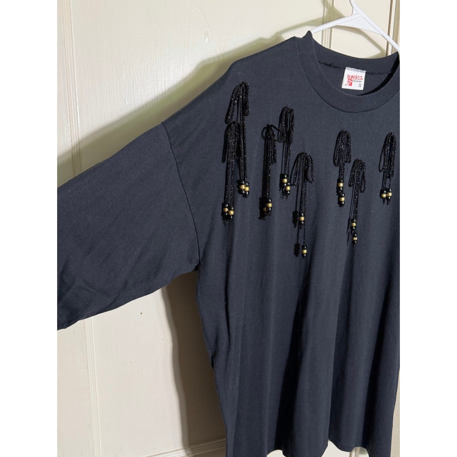 Vintage Sunbelt Sportswear Black Beaded Fringe Oversized Tee One Size USA