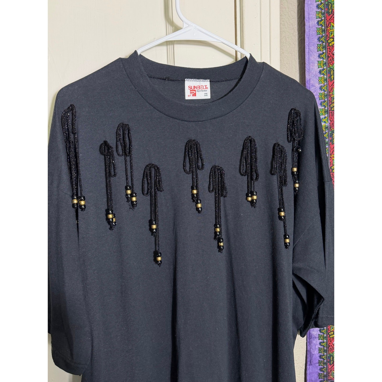 Vintage Sunbelt Sportswear Black Beaded Fringe Oversized Tee One Size USA