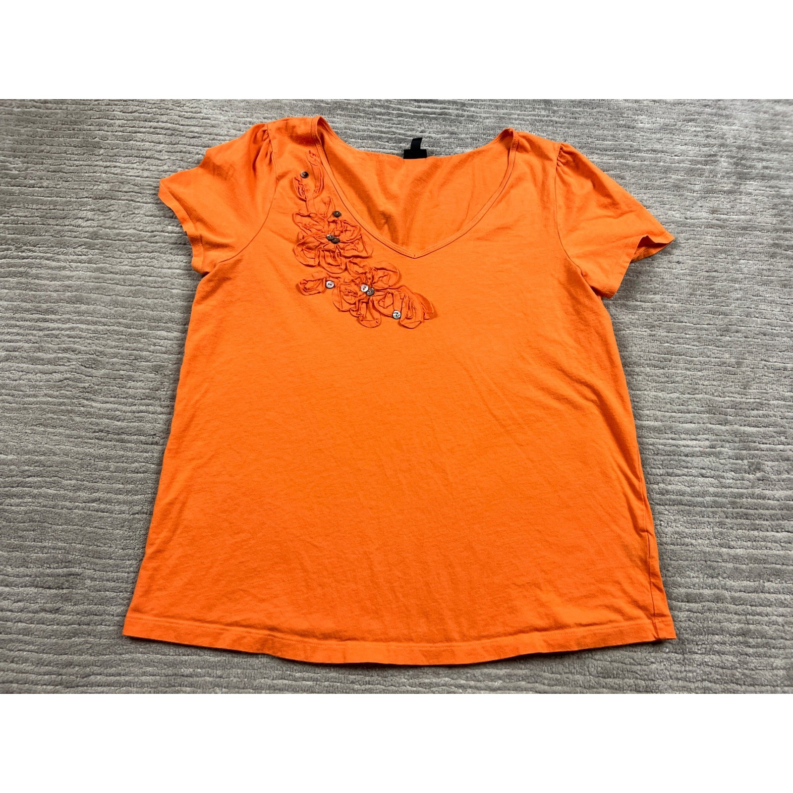 Rafaella Womens Orange V-Neck Floral Applique Cotton Short Sleeve Top XL