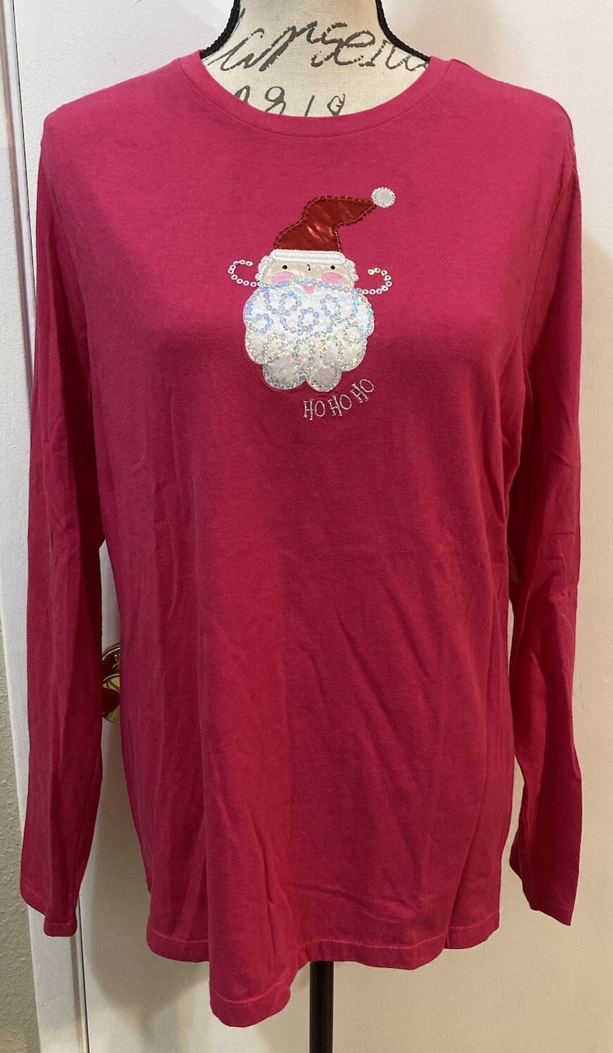 SANTA CLAUS Long Sleeve Top Pink Cotton Knit Sequin Bling Ho Ho Ho 2X NEW