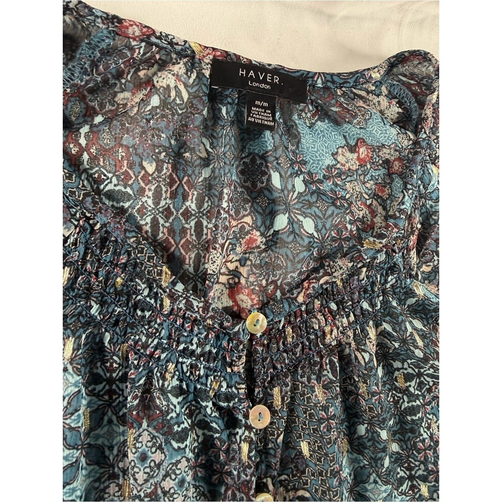 HAVER London Metallic Boho Blouse | Sheer Floral Patchwork | Gold Lurex Top | M