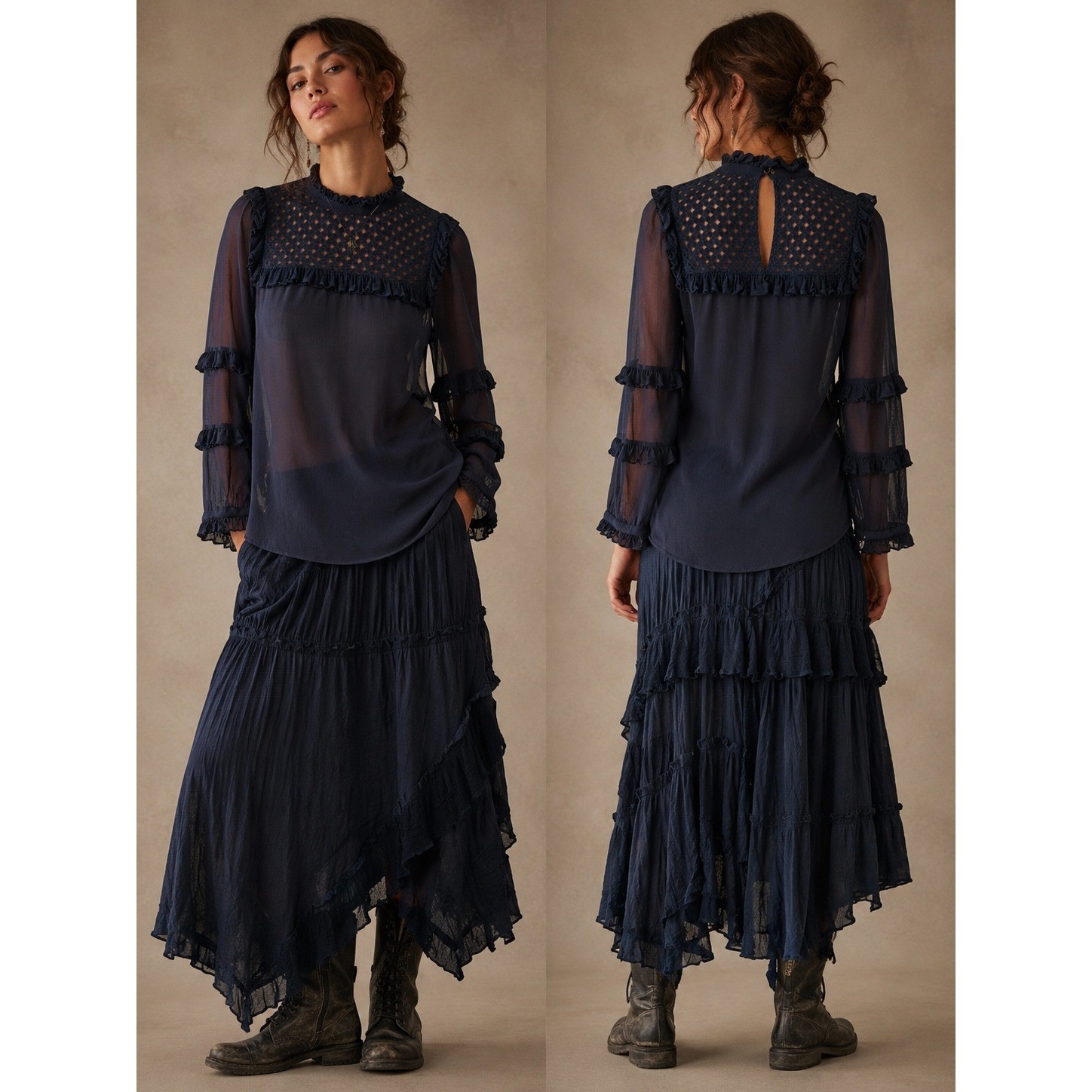 Munthe Sheer Silk Blouse 34 Navy Blue Ruffle Mock Neck Lace Yoke Boho Coquette