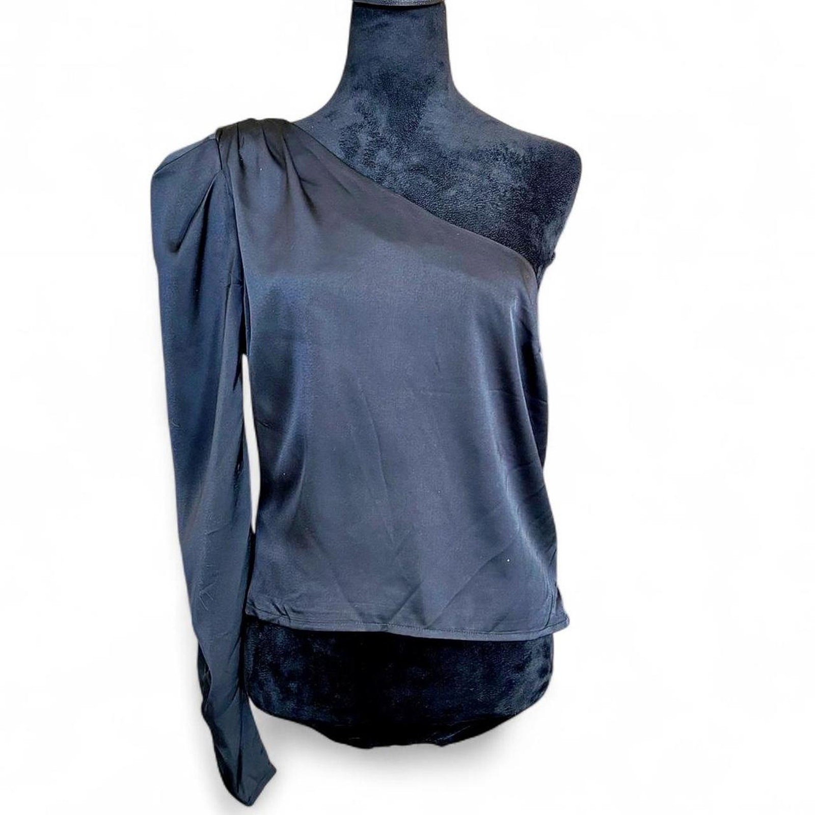 Modern One Shoulder Black Blouse – Minimalist Asymmetrical Top M