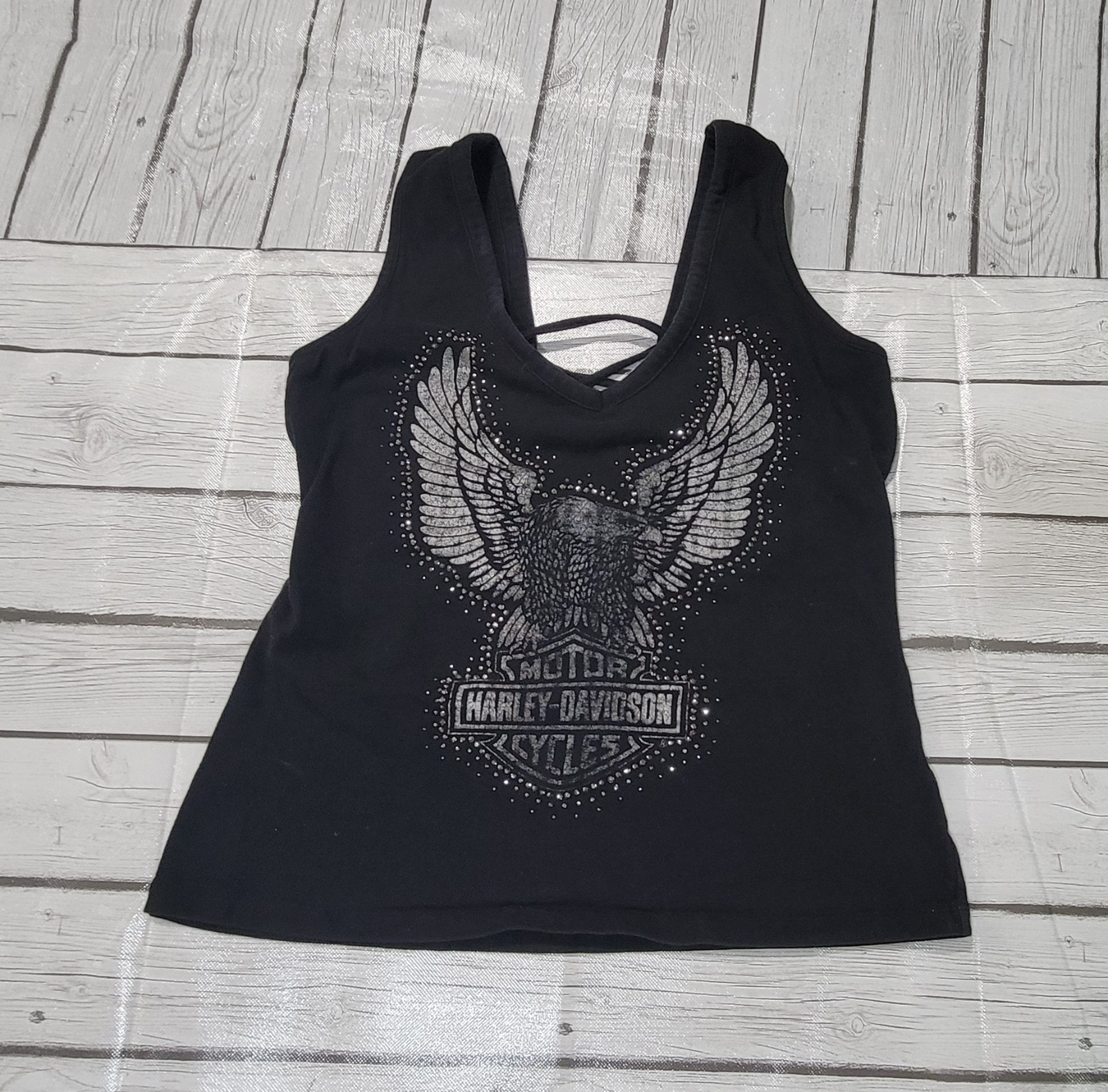 Harley Davidson tank top tie back Eagle wings bling sleeveless Sz Large (371)