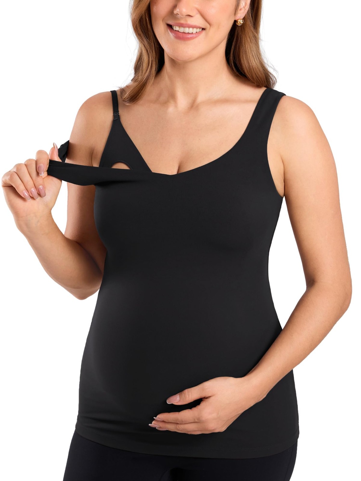 MOMANDA Maternity Black Nursing Tank Tops Built Bra Sleeveless Pregnancy Tee V S