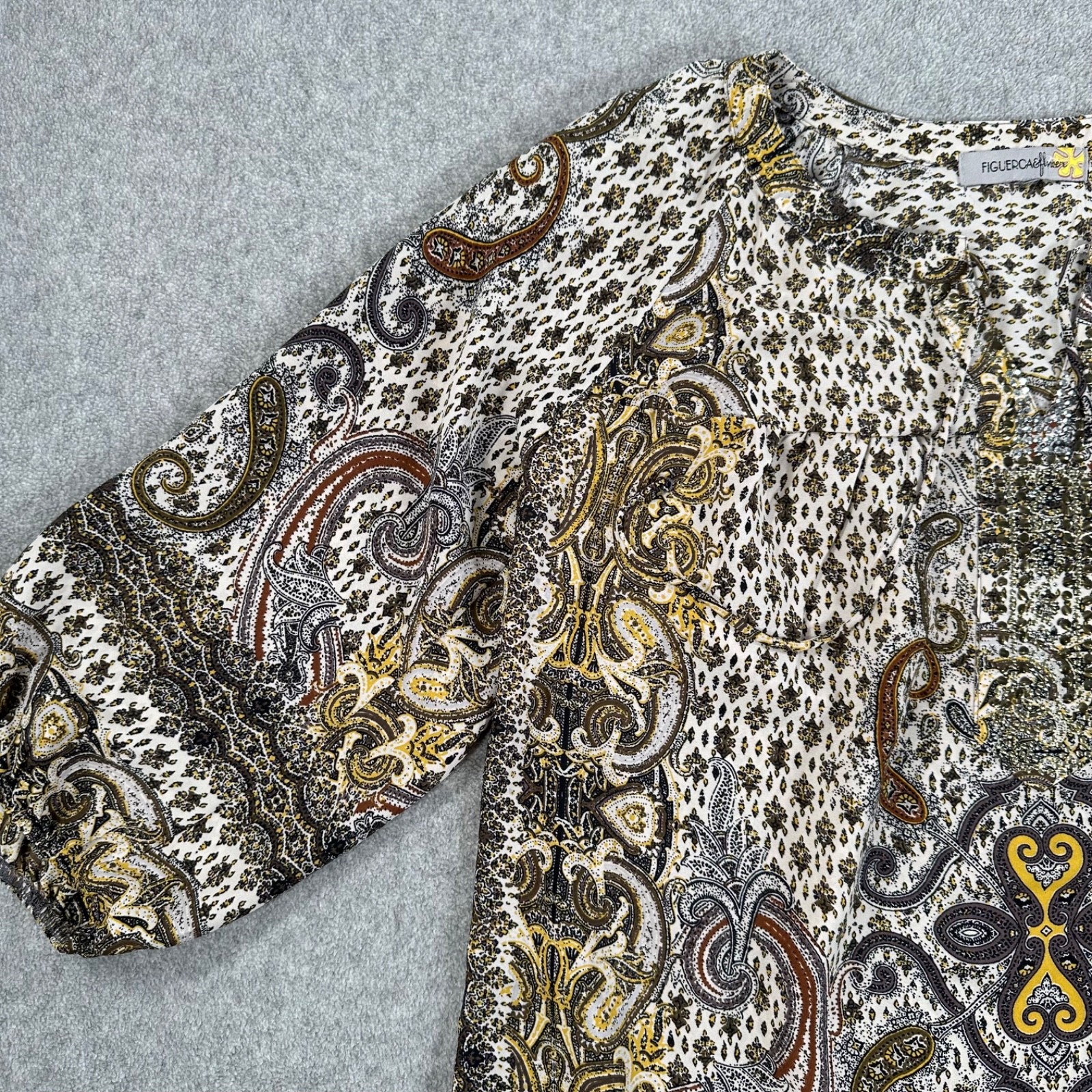 Figueroa & Flower Bedazzled Peasant Blouse Womens XL 3/4 Sleeve Brown Yellow Top