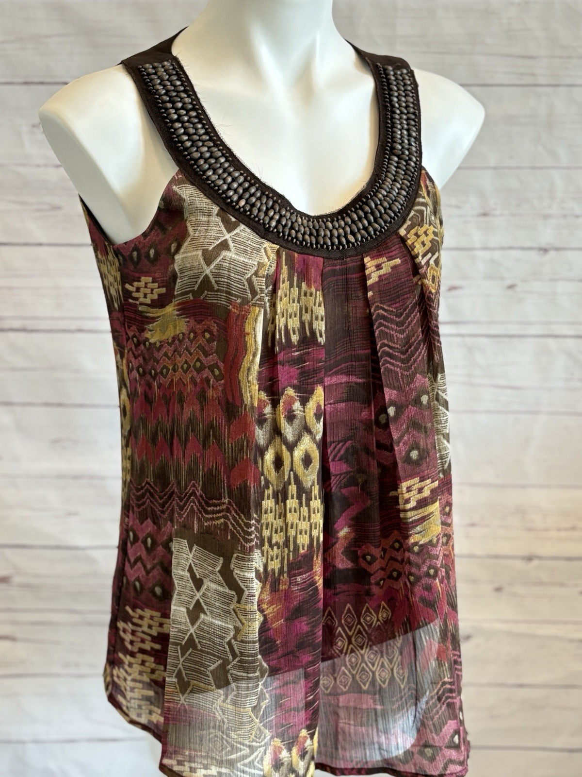 ZAC & RACHEL Aztec Tunic Top Size Small Bohemian Beaded Neckline Lined Brown