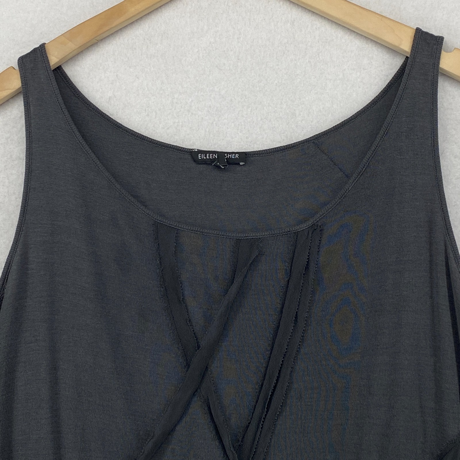 EILEEN FISHER Tank Top XL Silk Cotton Fine Ribbed Jersey Chiffon Trim Gray