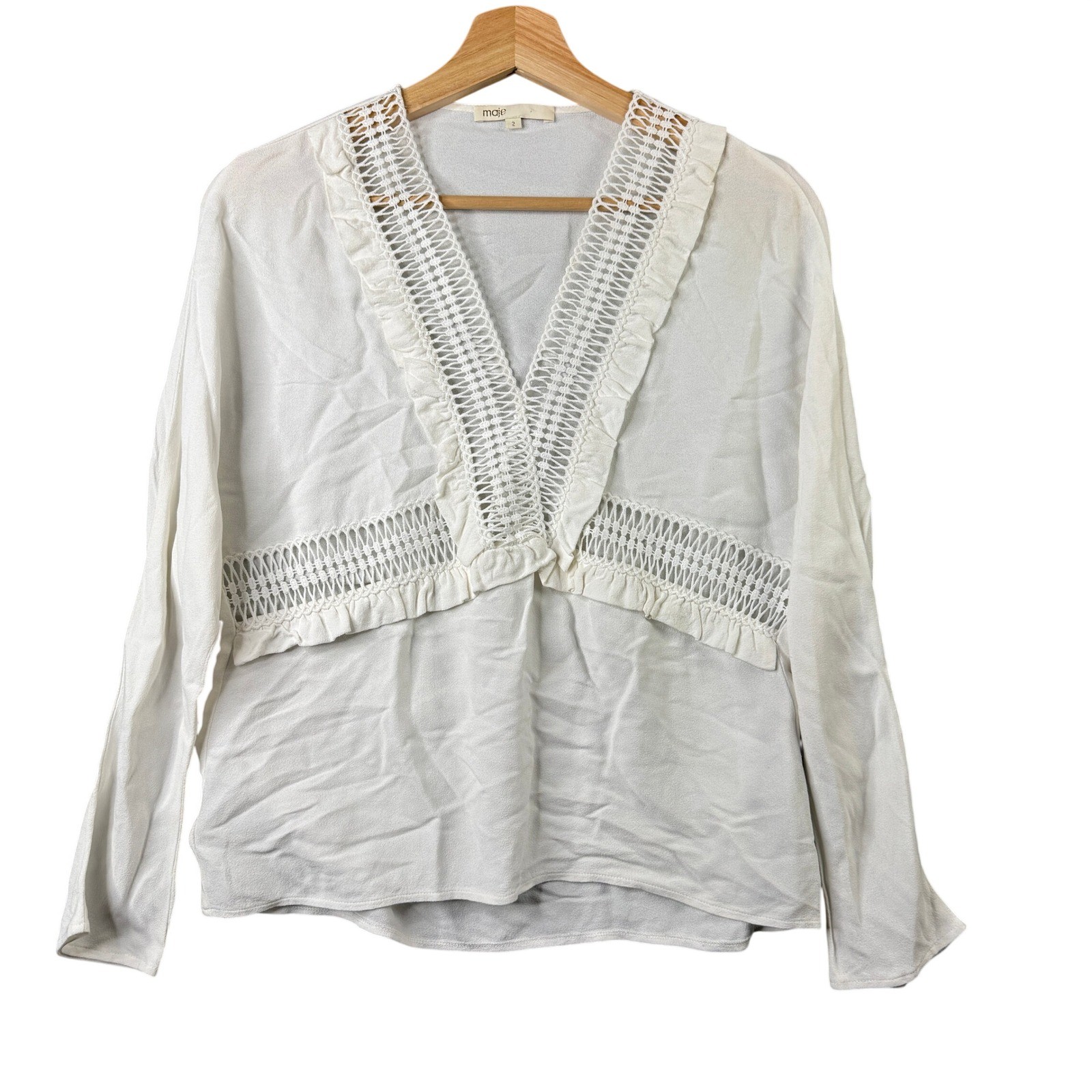 Maje White Crochet Lace Ruffle V-Neck Long Sleeve Viscose Blouse Womens Size 2
