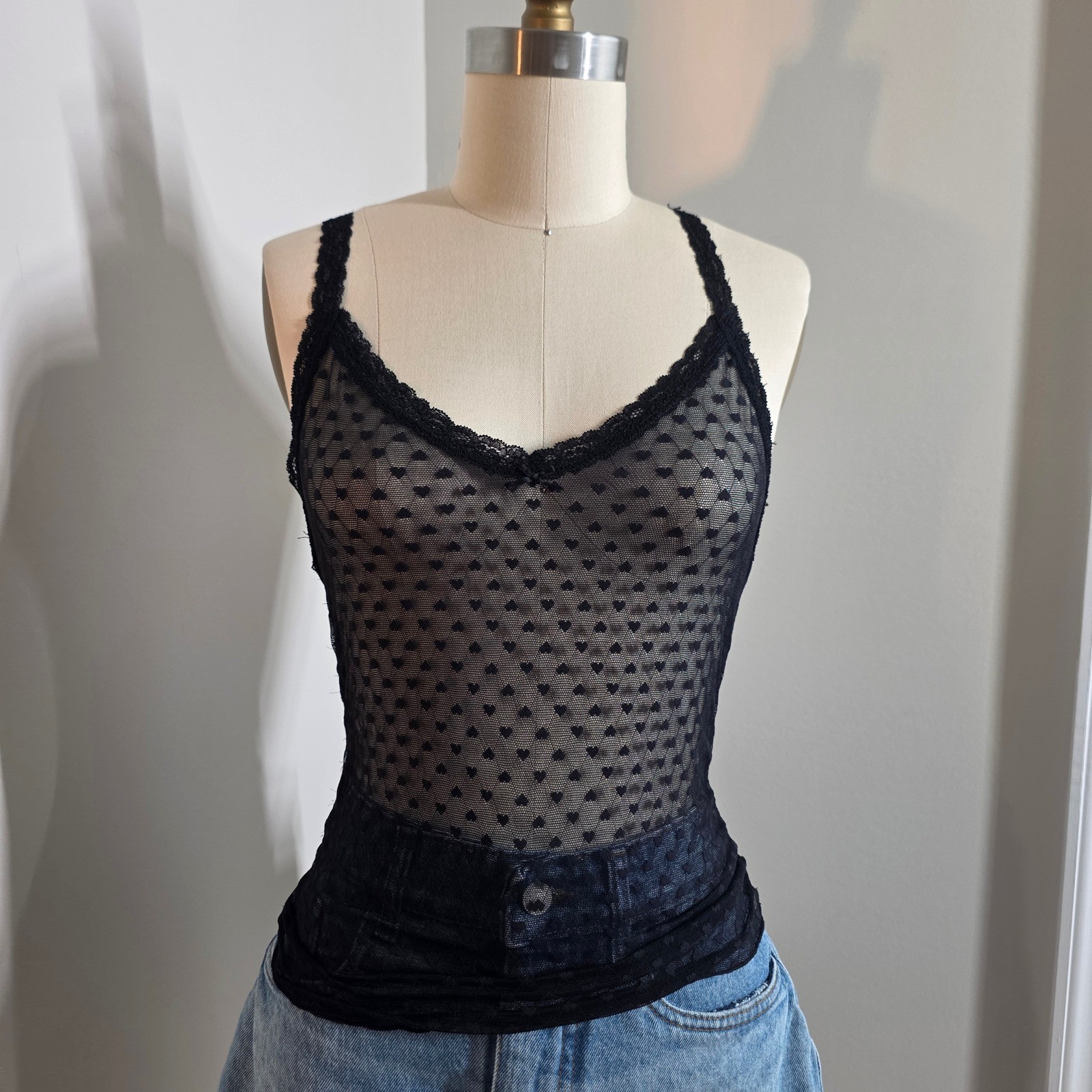 Brandy Melville Black Mesh Heart Flocked Lace Trim Cami Top Sheer Y2K XS