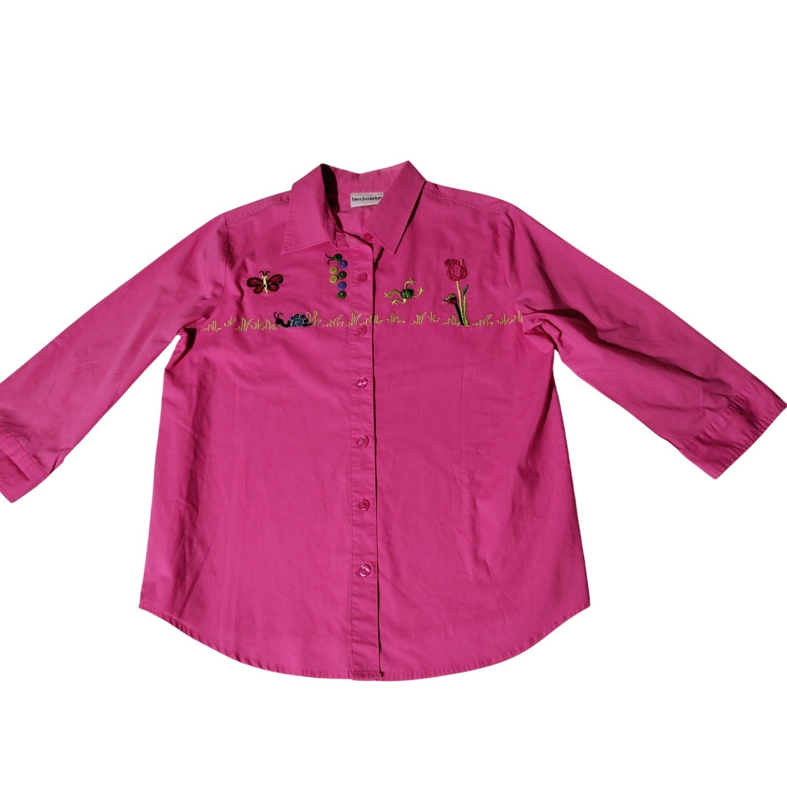 Breckenridge Womens Pink Embroidered Garden Snail Frog Butterfly Shirt Small