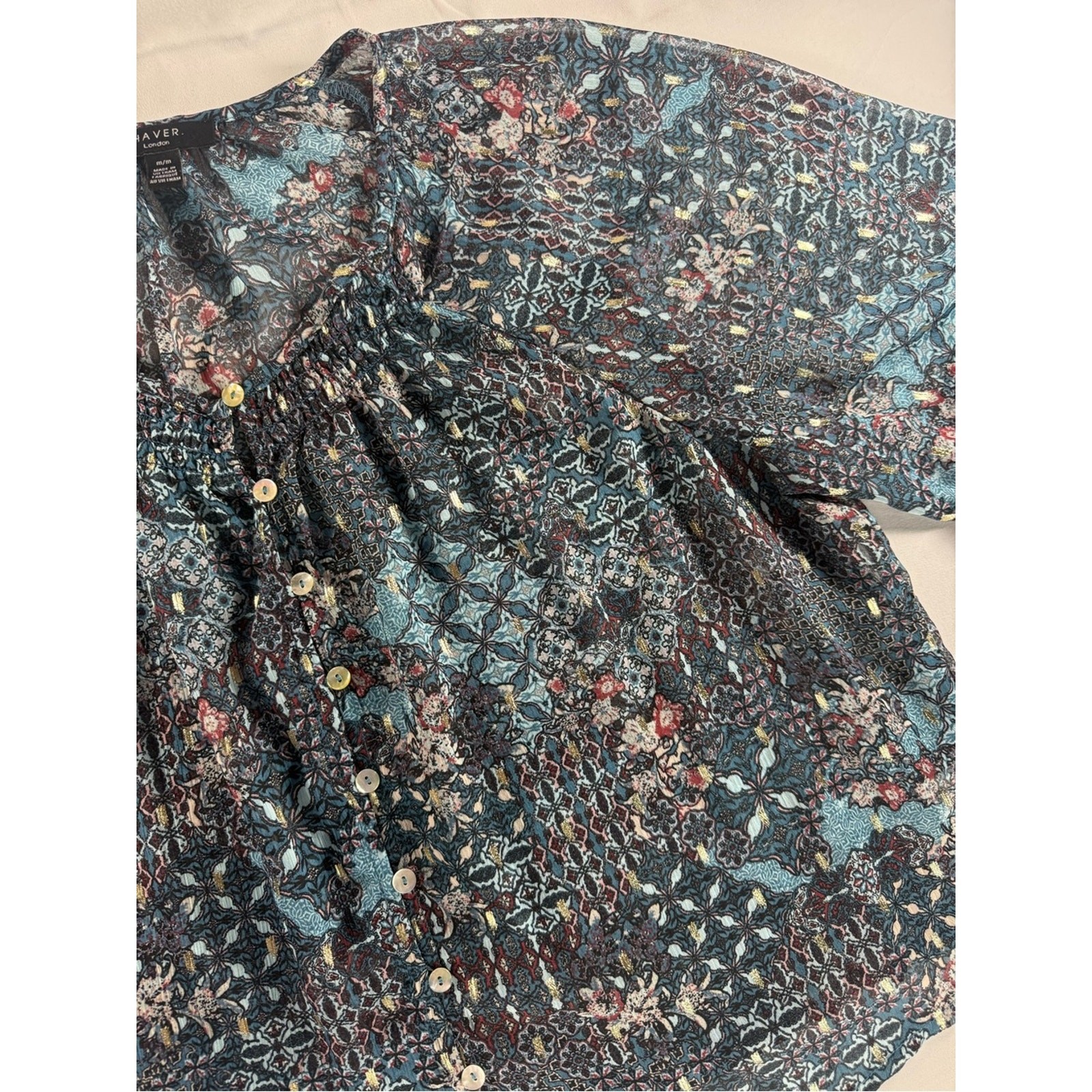 HAVER London Metallic Boho Blouse | Sheer Floral Patchwork | Gold Lurex Top | M