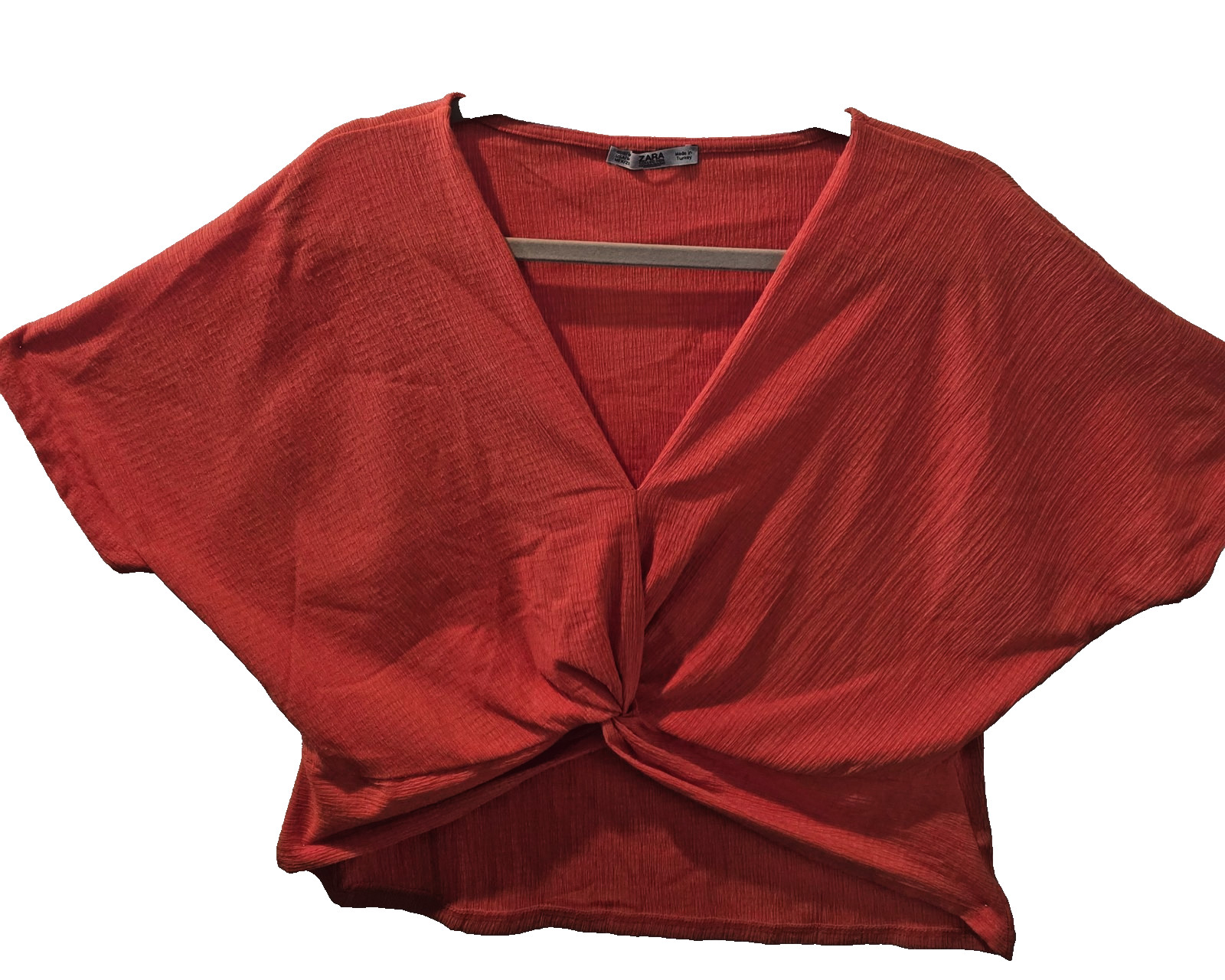 Zara Collection Women M Top Bright Orange Textured Twist Knot Front V Neck Crop