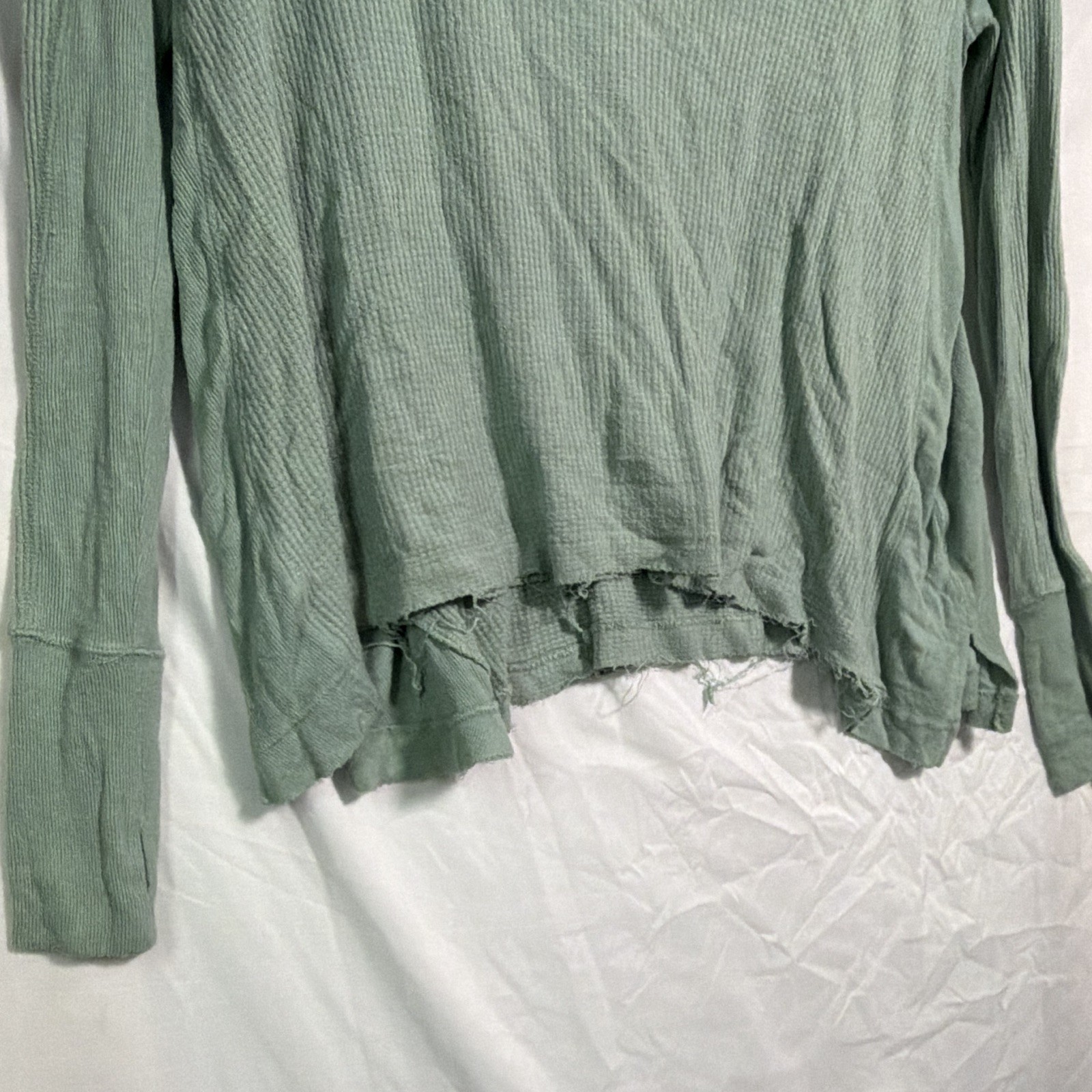 Green Waffle Knit Scoop Neck Ruffle Long Sleeve Top