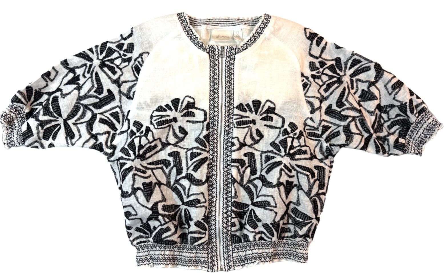 Chico’s Blouse Womens Small White Black Embroidered Floral Smocked Boho Top