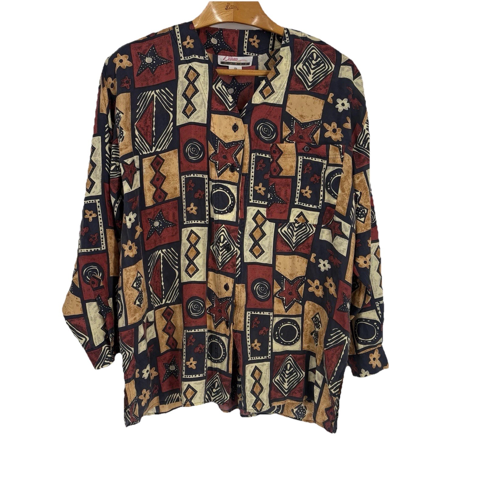 Diana Marco Womens Silk Button Up Tunic Top 20 Colorful Geometric Art To Wear