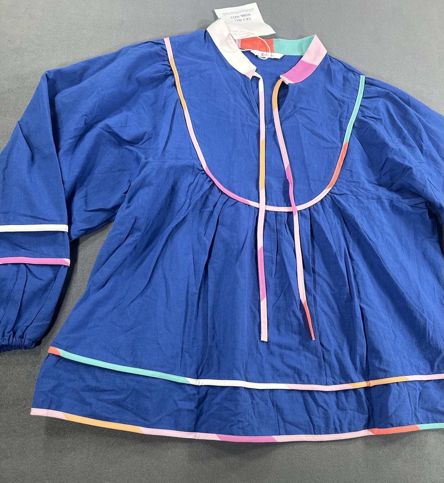 CICY BELL Blue Colorblock Trim Balloon Sleeve Babydoll Cotton Blouse Women’s XL