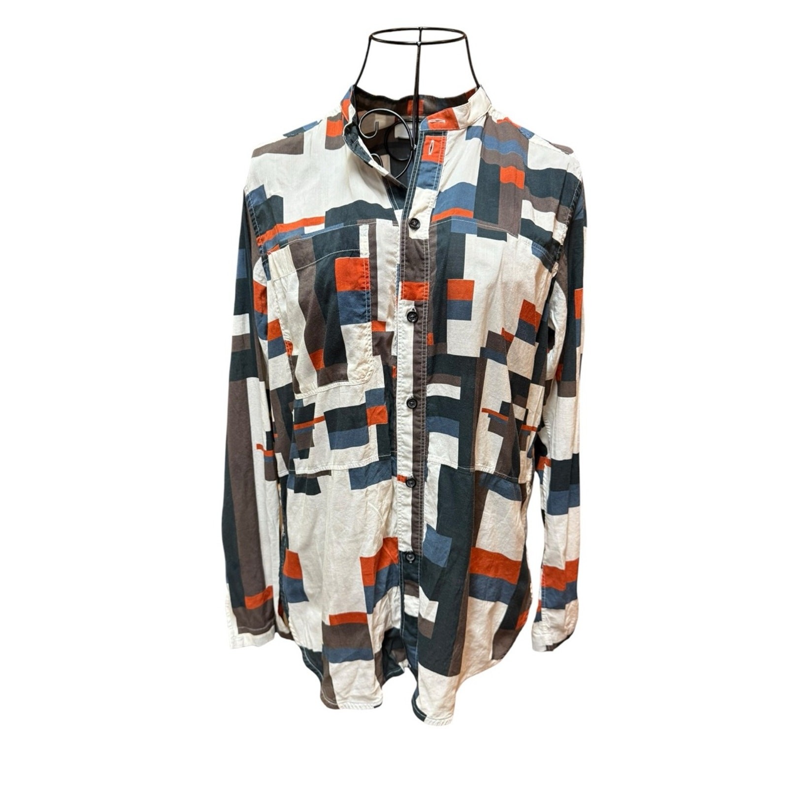 Billy Reid Cotton Abstract Geometric Print Button-Up Blouse – White, Navy & Rust