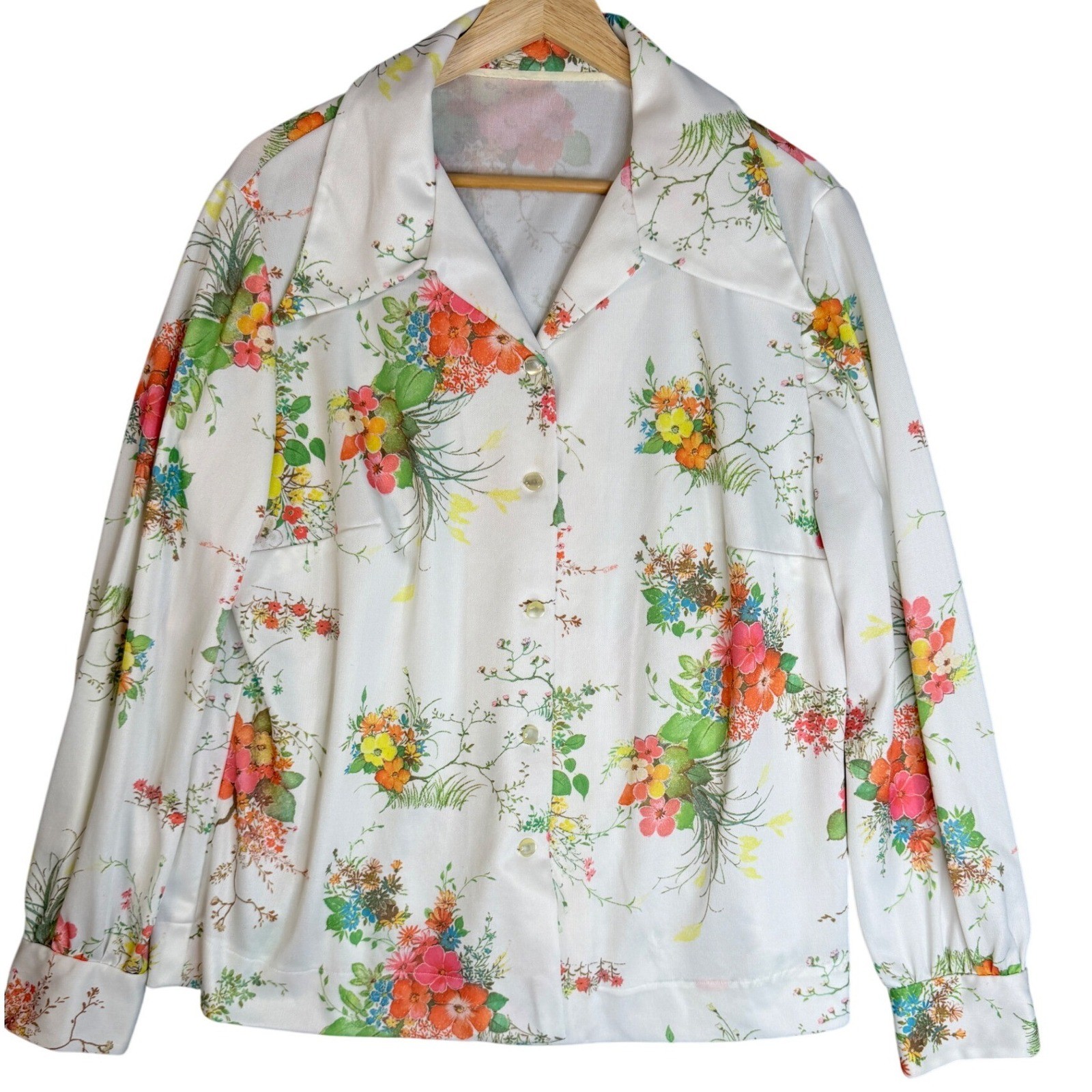Vintage 70s Floral Button Up Blouse L White Garden Disco Cottage Granny Shirt
