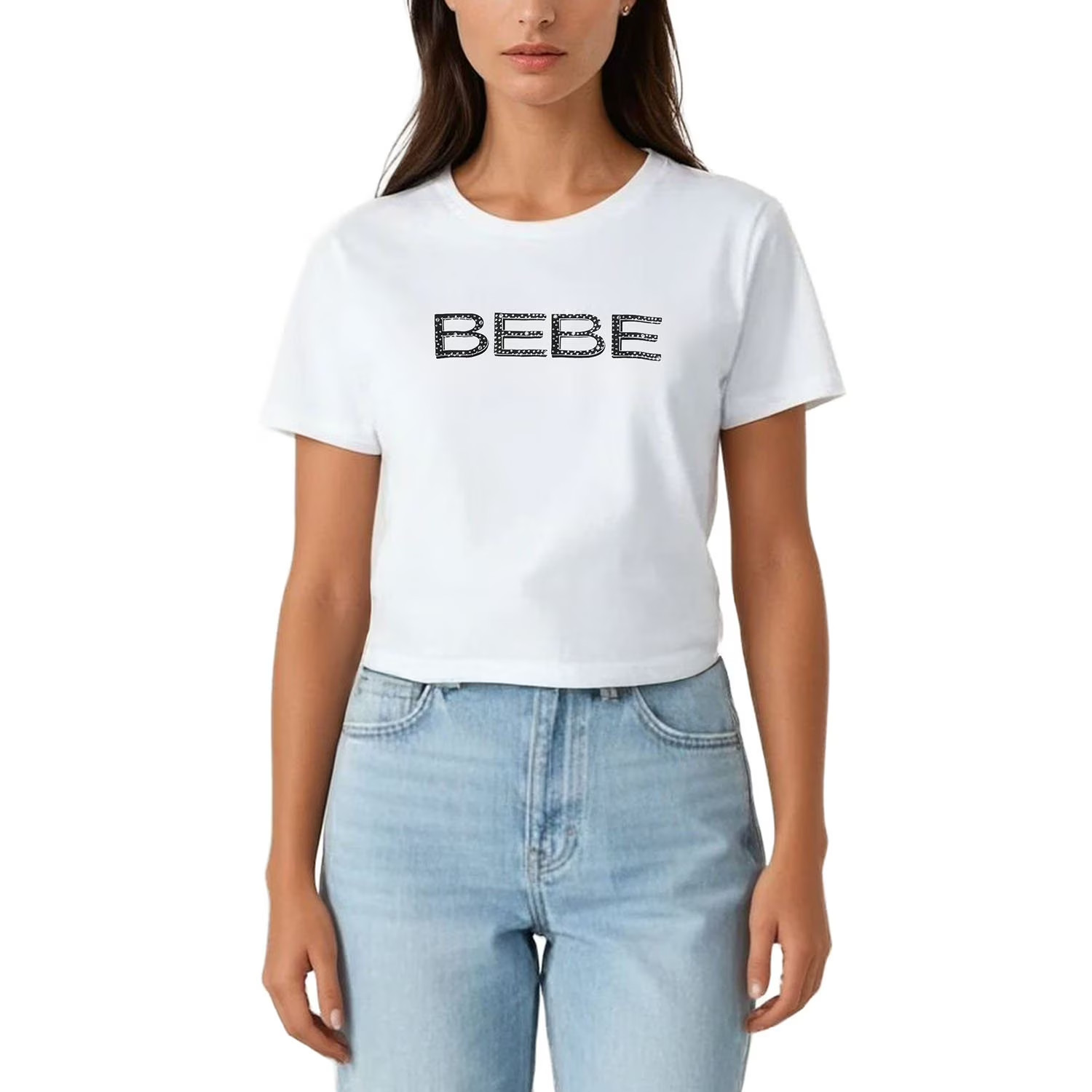 Bebe Women’s Short Sleeve Rhinestone Logo T-Shirt Size L White