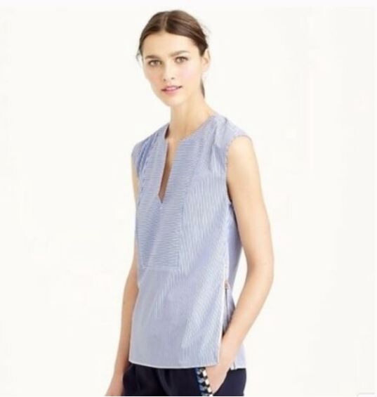 J.Crew Popover Shirt Blue White Stripe Sleeveless Gold Zipper Sz 6 Nautical