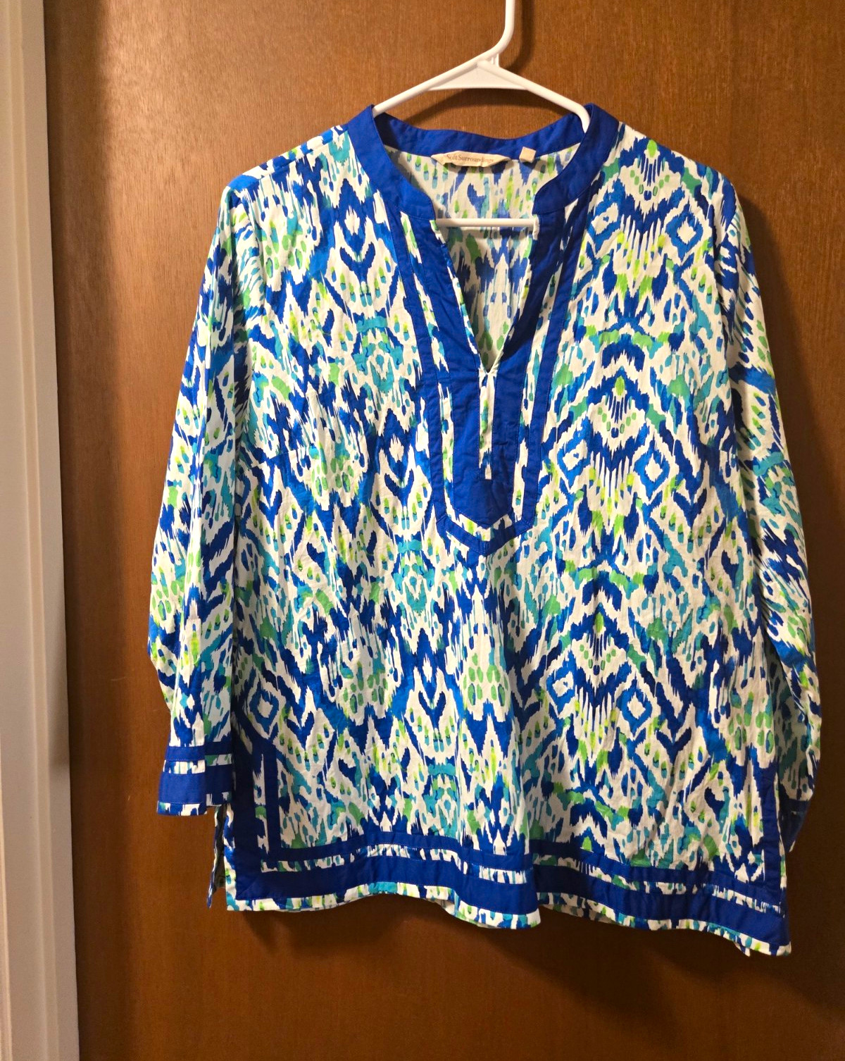 Soft Surroundings Women’s Geometric V-Neck 3/4 Sleeve Woven Tunic Blouse PL