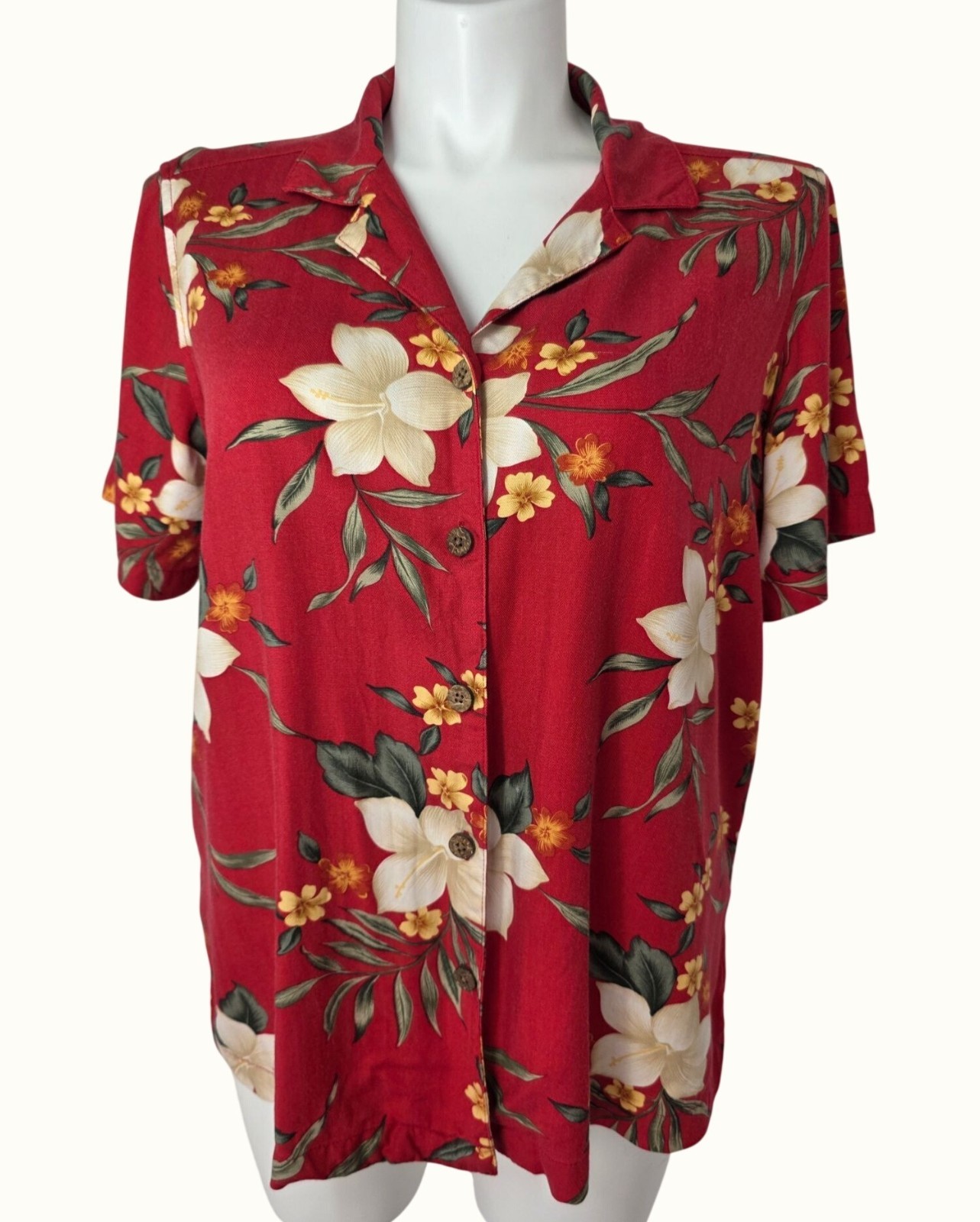 Vintage La Cabana Hawaiian Shirt Womens 1X Red Floral Coconut Buttons Hong Kong