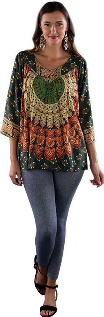 Sacred Threads Hippie Boho Festival Mandala Block Print V Neck Top 220166 OS