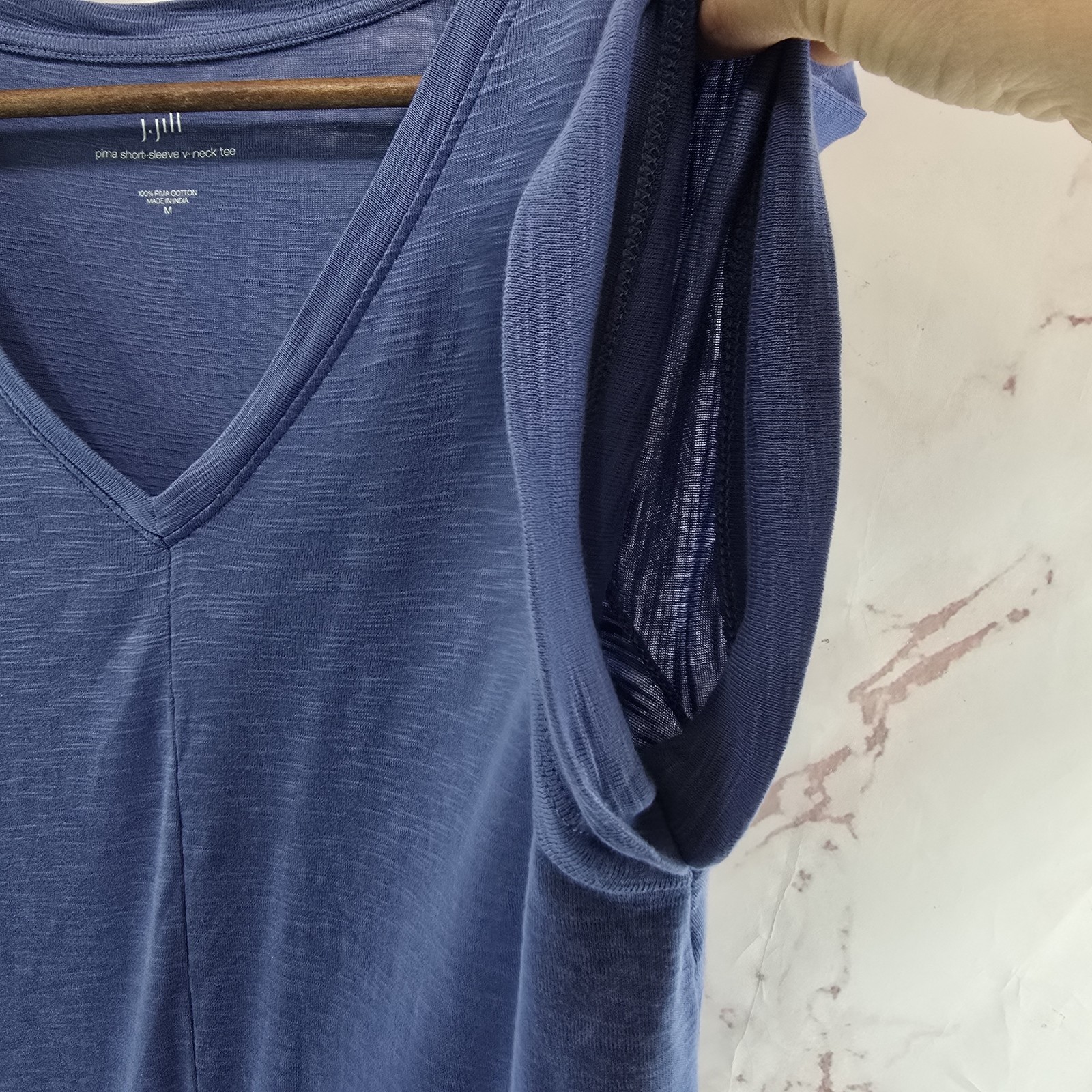 J Jill T Shirt Womens Medium Blue Pima Cotton Short Sleeve V Neck Tee Cuffed
