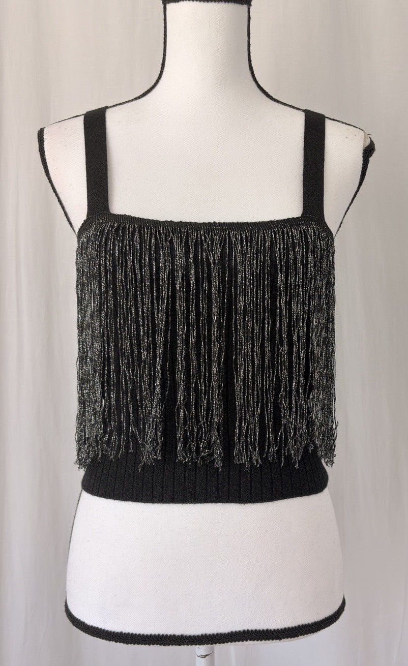 Fab’rik Black Silver Metallic Fringed Crop Ribbed Square Neck Tank Top Sz Medium