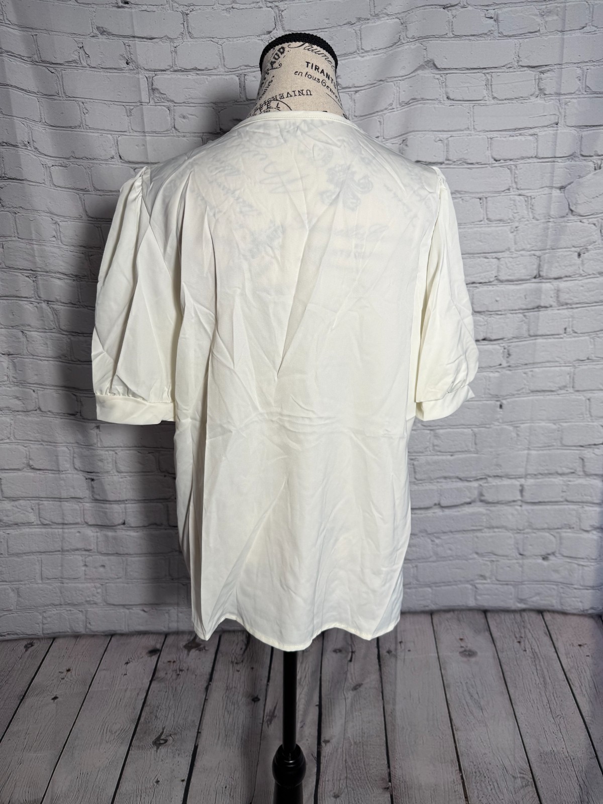 Ivory Pearl Trim Blouse Womens Puff Sleeve Business Casual Office Top SM or XL