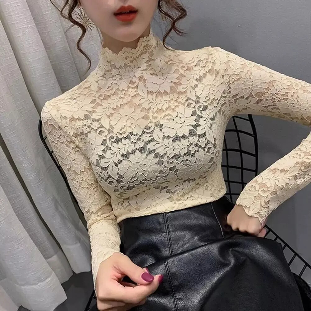 Women Turtleneck Blouse Floral Lace Long Sleeve Tops Hollow Sheer Shirt Pullover