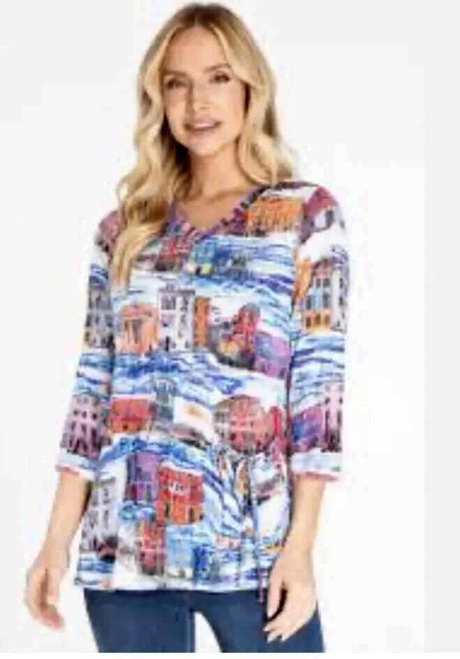 NEW Shana Women’s Crinkle City Print Tunic Top Pocket & Tie Colorful Large