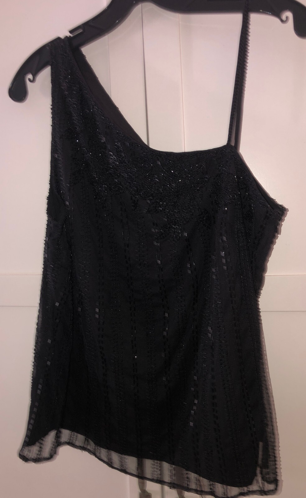 New Ralph Lauren Beaded Mesh One Shoulder Top~Black ~Large $225 Glam Party chic