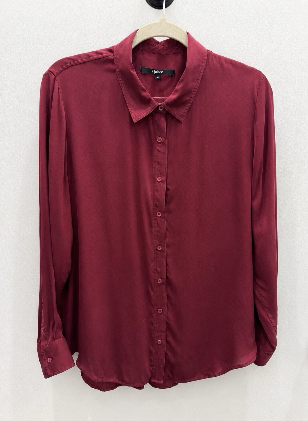 Quince Women’s XL 90% Silk Button Front Blouse Burgundy Long Sleeve Stretch Top