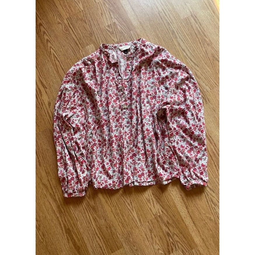 Universal Thread Red Pink Floral Henley Poet Blouse Balloon Sleeve Peasant Top M