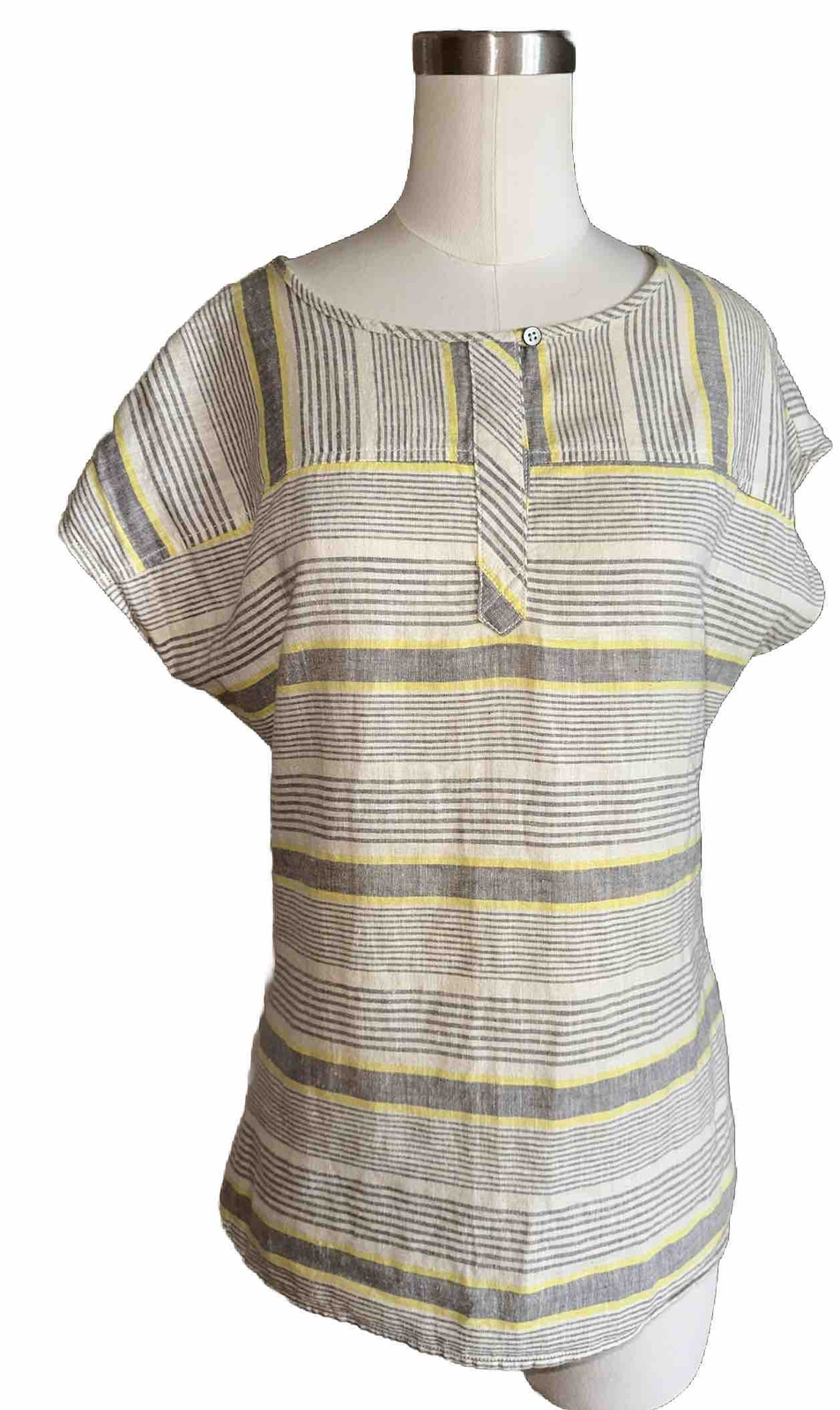 Duluth Trading Co Hemp and Organic Cotton Shirt Top Small Striped Yellow Gray