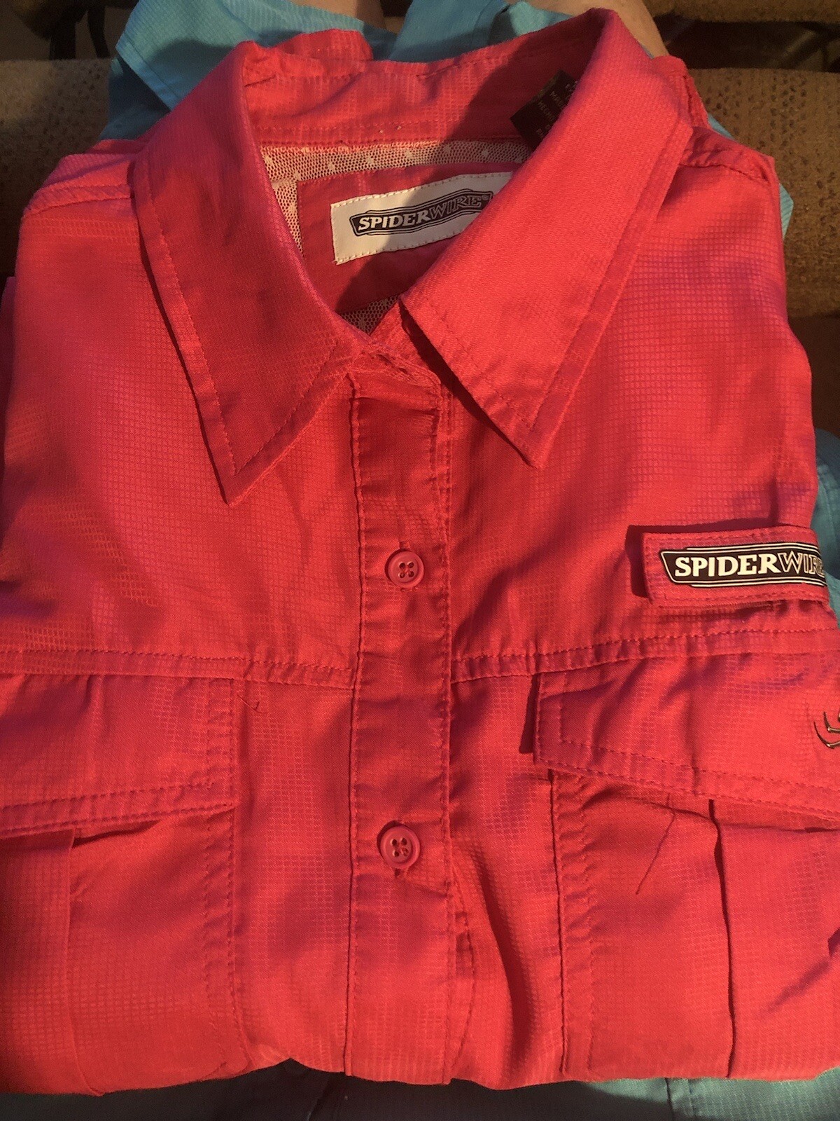 2 SPIDER WIRE Womens Pink & Bl Short Sleeve Fitted Fishing Shirt Size LG 12/14