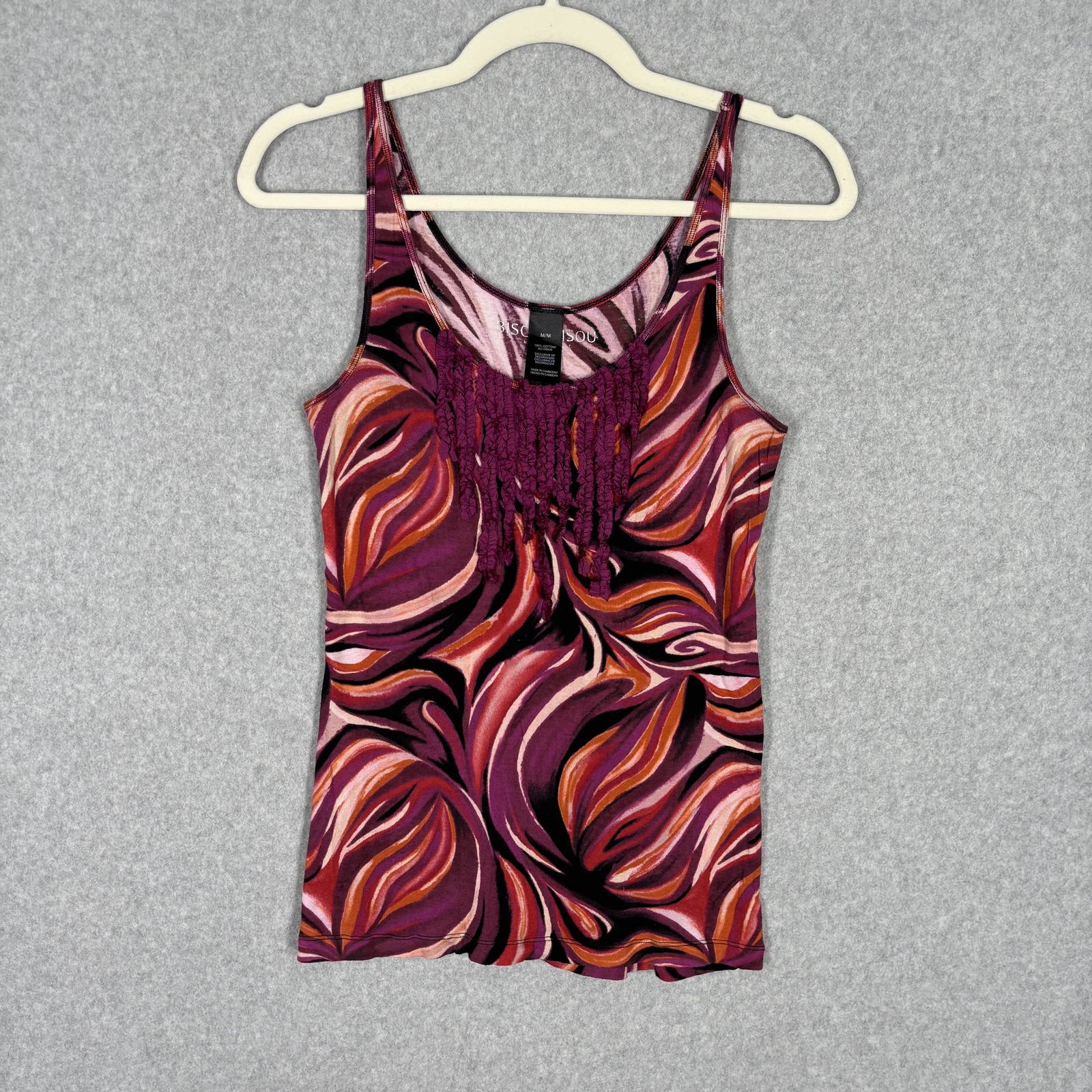 Bisou Bisou Tank Top Medium Swirl Fringe Ruffle Tuxedo Boho Feminine Disco 70s