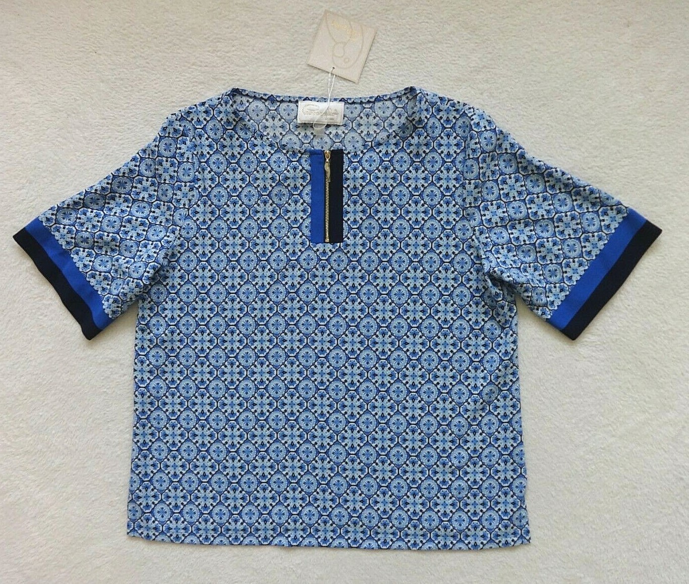 Pappagallo Front Zipper Top Women’s Size L Blue Loose Fit Hazel Casual Blouse