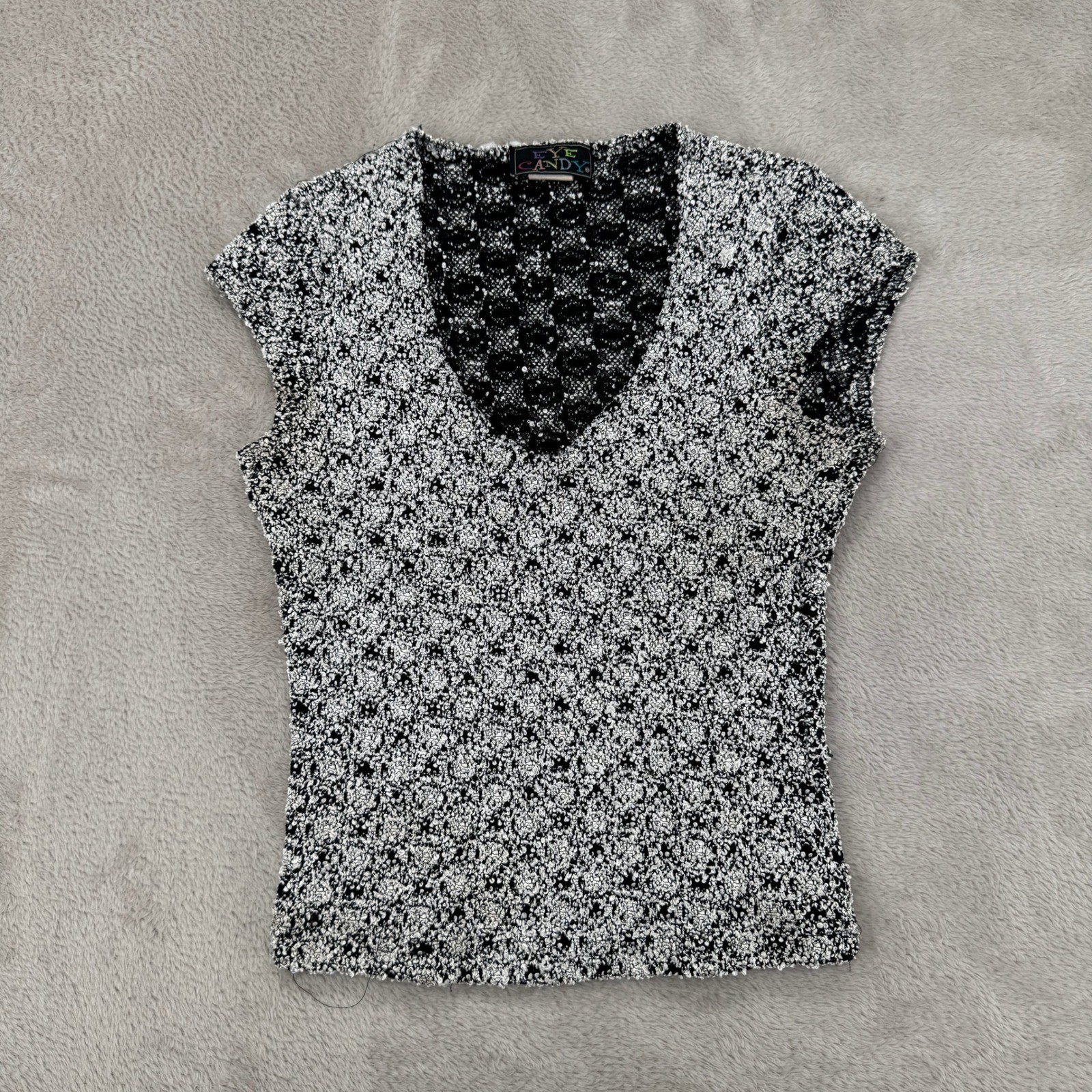 Vintage 90s Eye Candy Textured Knit Top Womens S White Black Stretch Blouse USA