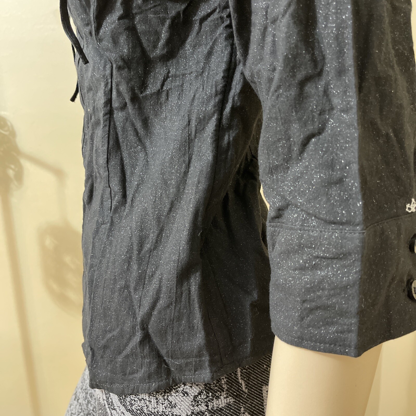 Women’s Black Silver Cotton Casual Button Zipper Glitter TieSize L Top Blouse