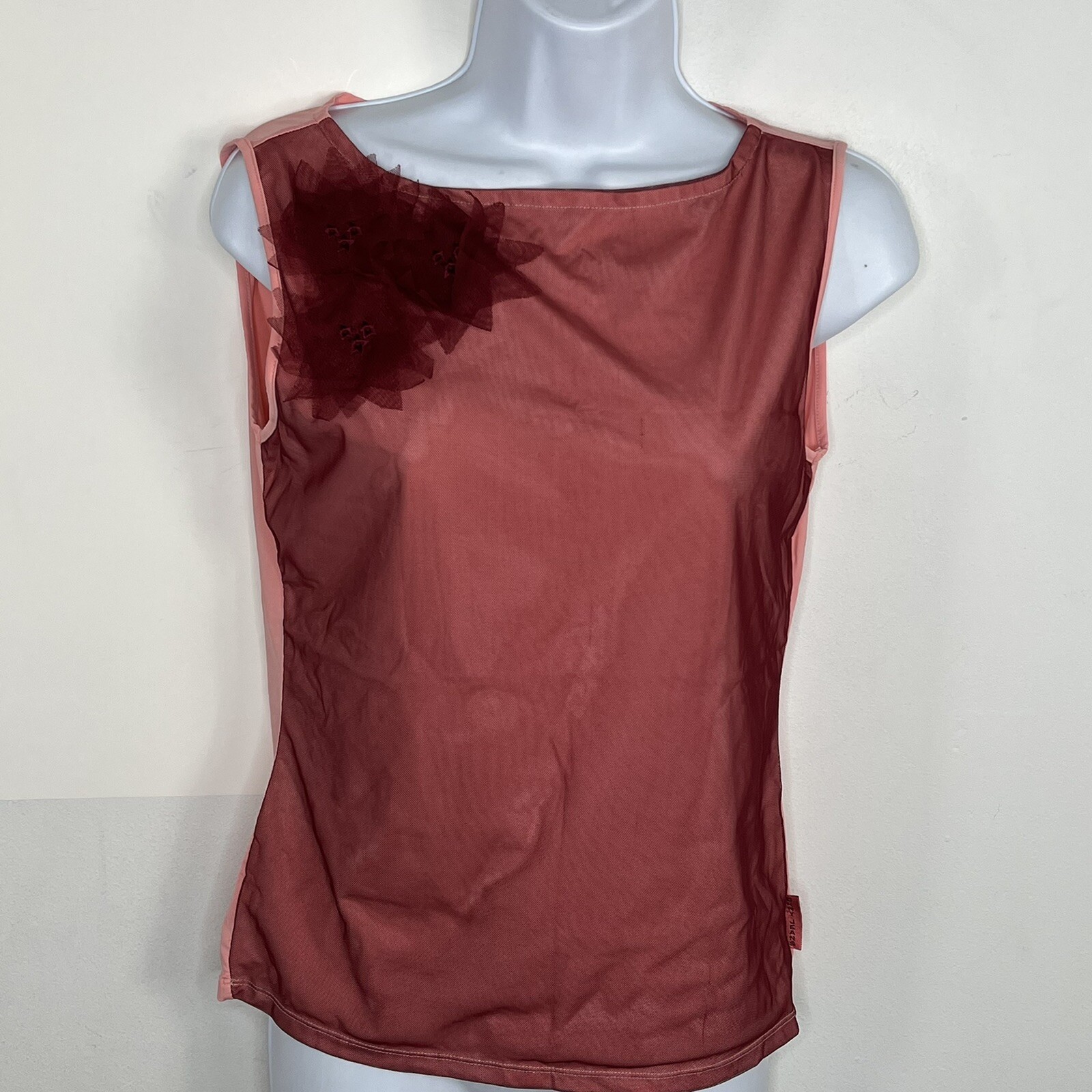 DKNY Jeans Dusty Rose Mesh Tank Top Sz M Sleeveless Floral Applique Sheer